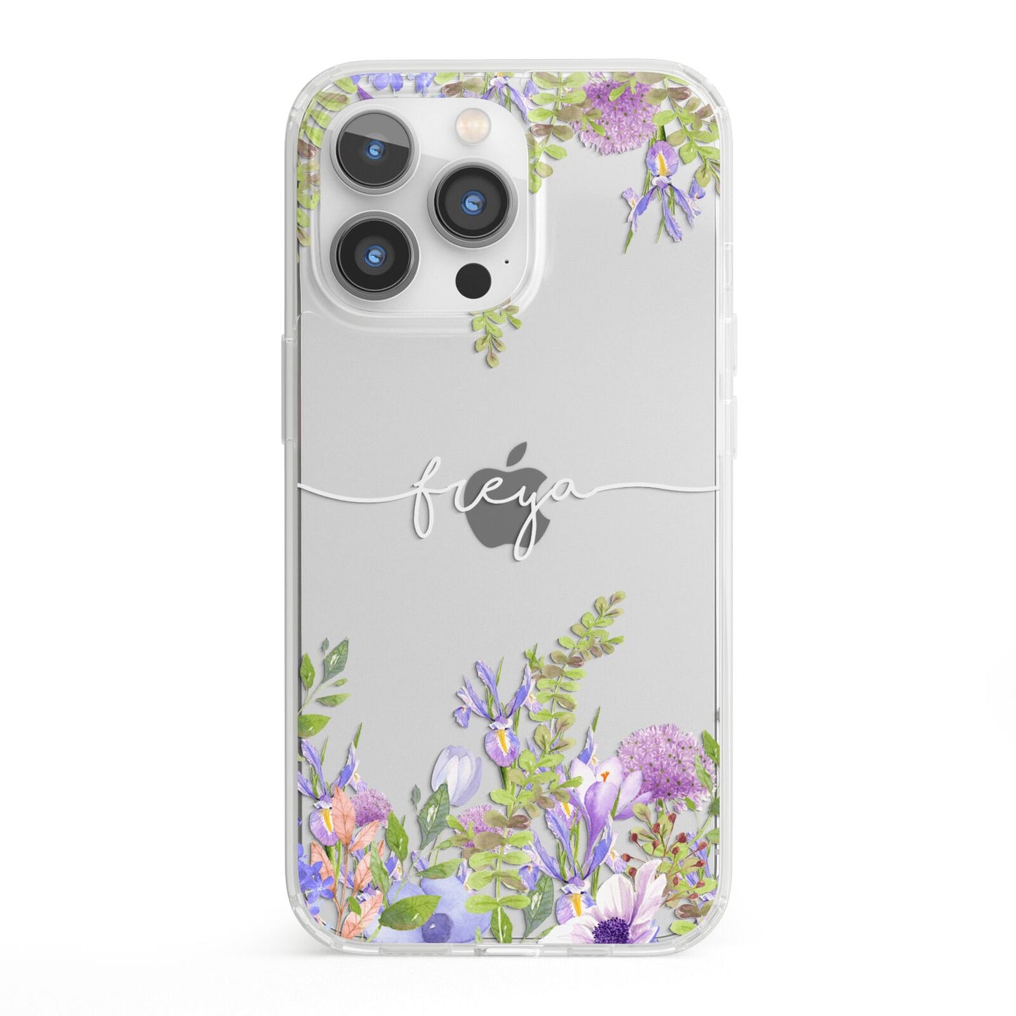 Personalised Purple Flowers iPhone 13 Pro Clear Bumper Case