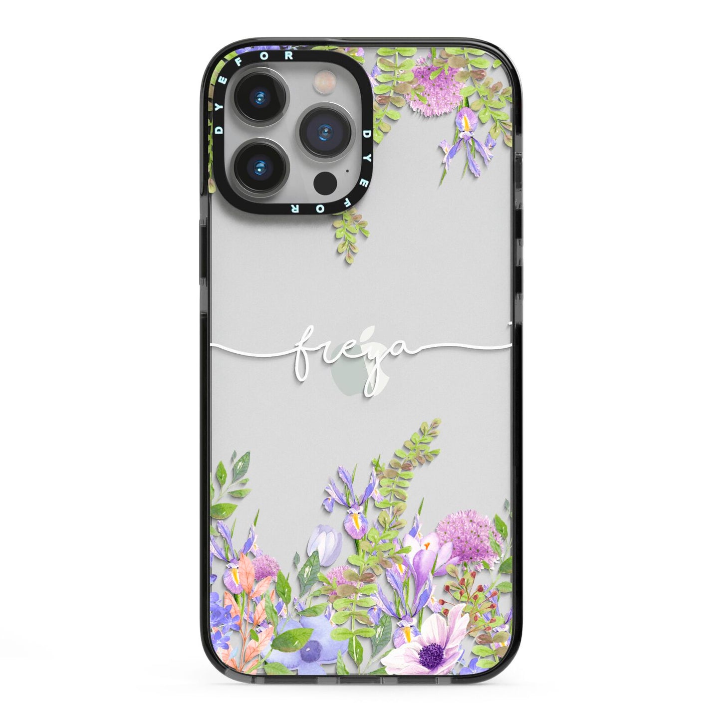 Personalised Purple Flowers iPhone 13 Pro Max Black Impact Case on Silver phone