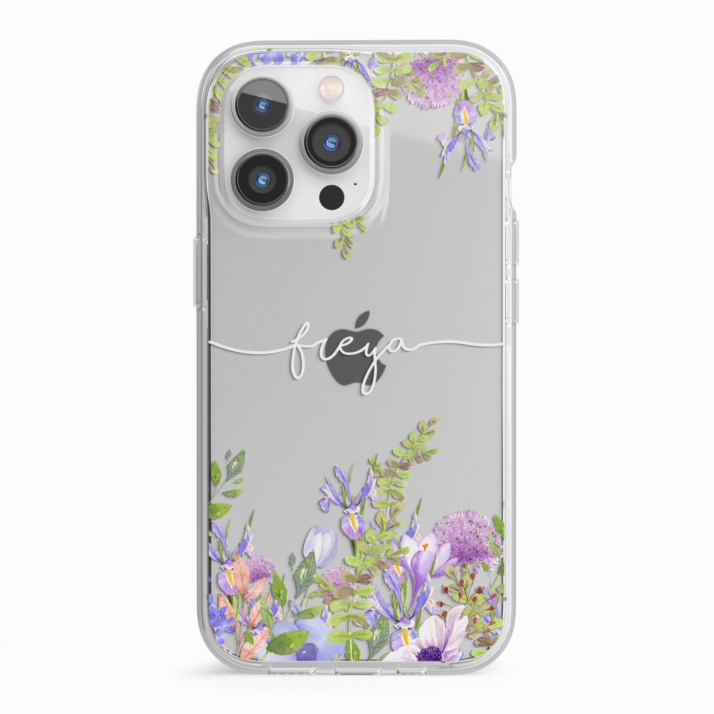 Personalised Purple Flowers iPhone 13 Pro TPU Impact Case with White Edges