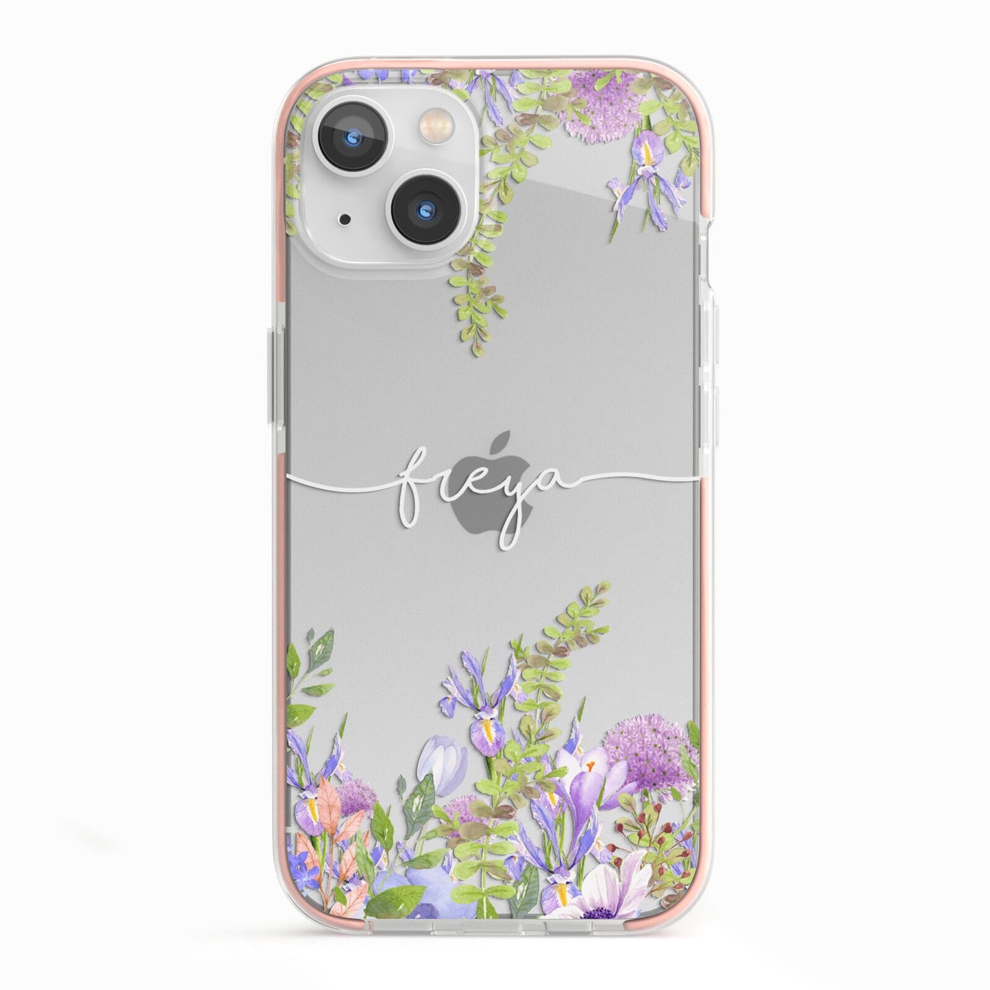 Personalised Purple Flowers iPhone 13 TPU Impact Case with Pink Edges