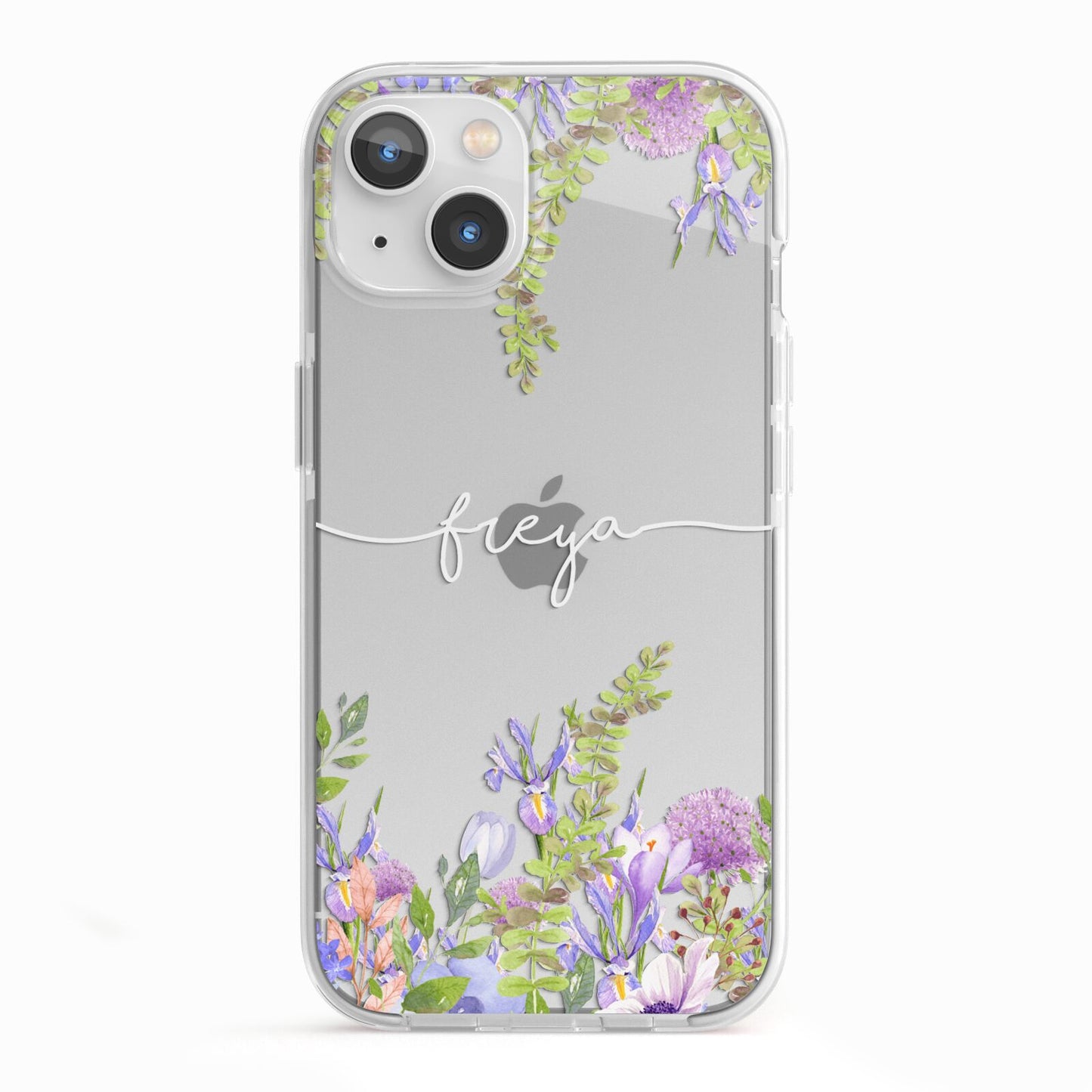 Personalised Purple Flowers iPhone 13 TPU Impact Case with White Edges