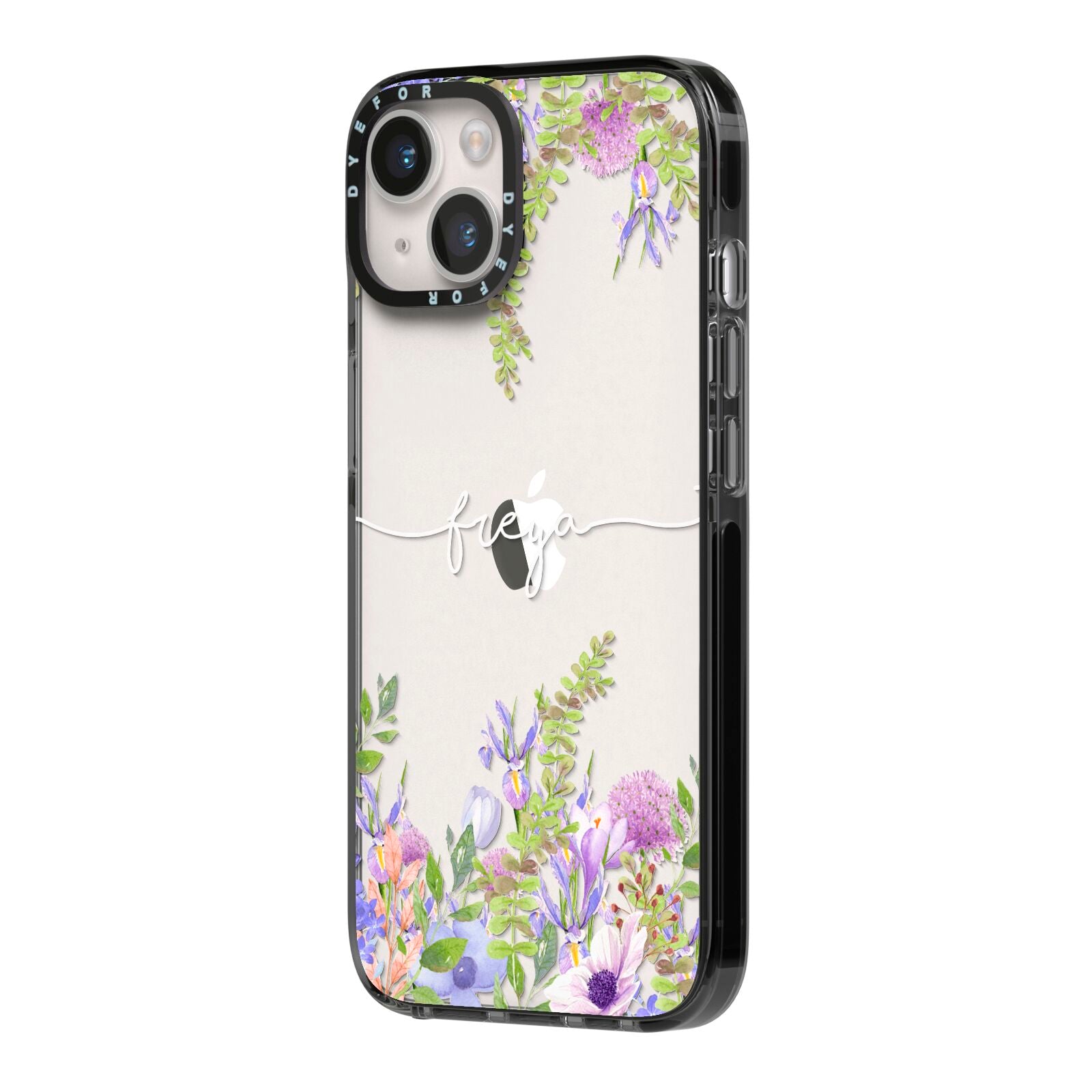 Personalised Purple Flowers iPhone 14 Black Impact Case Side Angle on Silver phone
