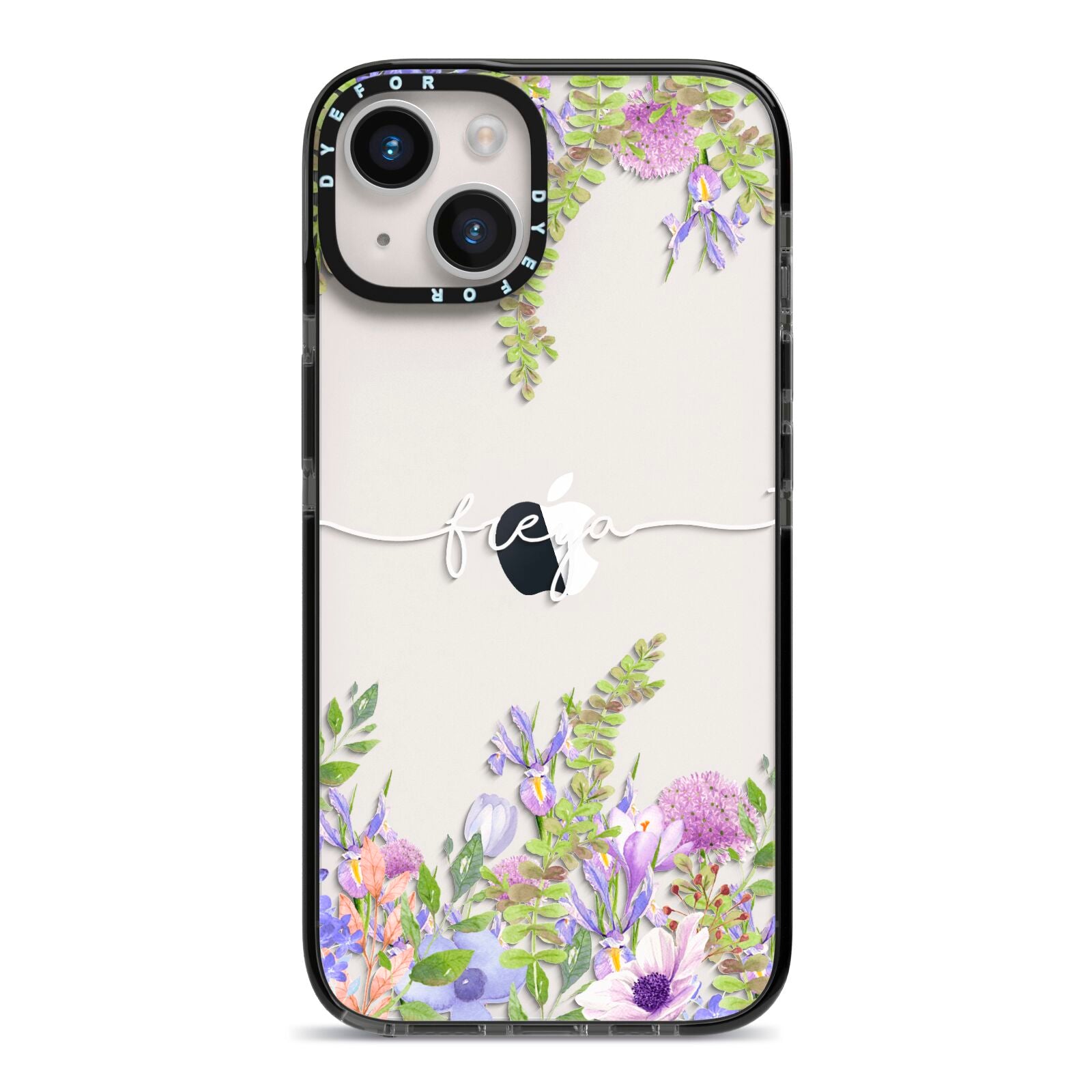 Personalised Purple Flowers iPhone 14 Black Impact Case on Silver phone
