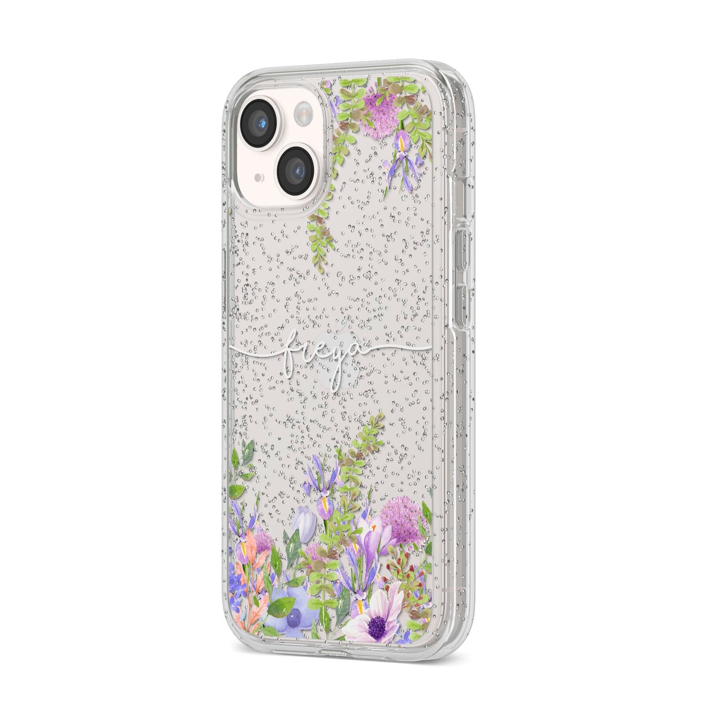 Personalised Purple Flowers iPhone 14 Glitter Tough Case Starlight Angled Image