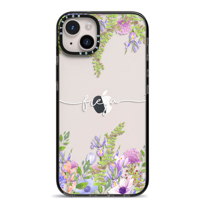 Personalised Purple Flowers iPhone 14 Plus Black Impact Case on Silver phone