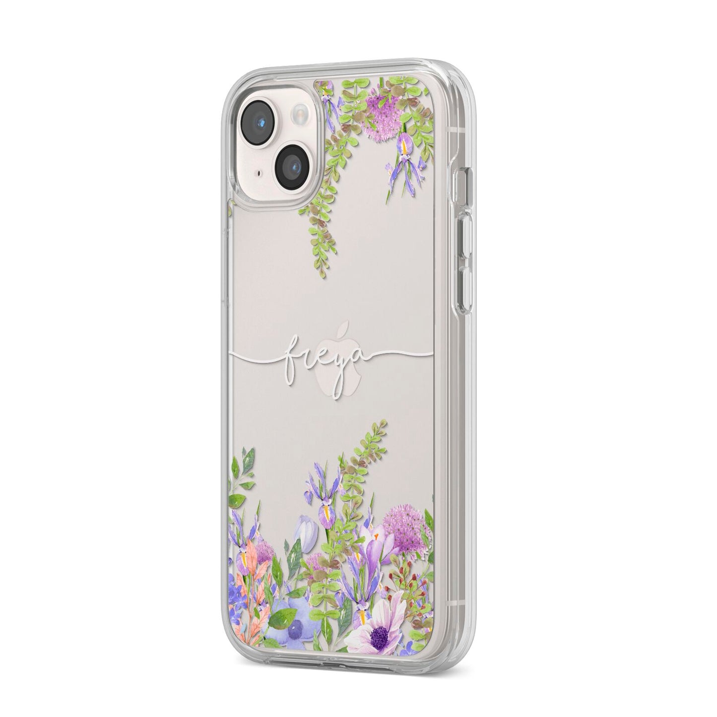 Personalised Purple Flowers iPhone 14 Plus Clear Tough Case Starlight Angled Image