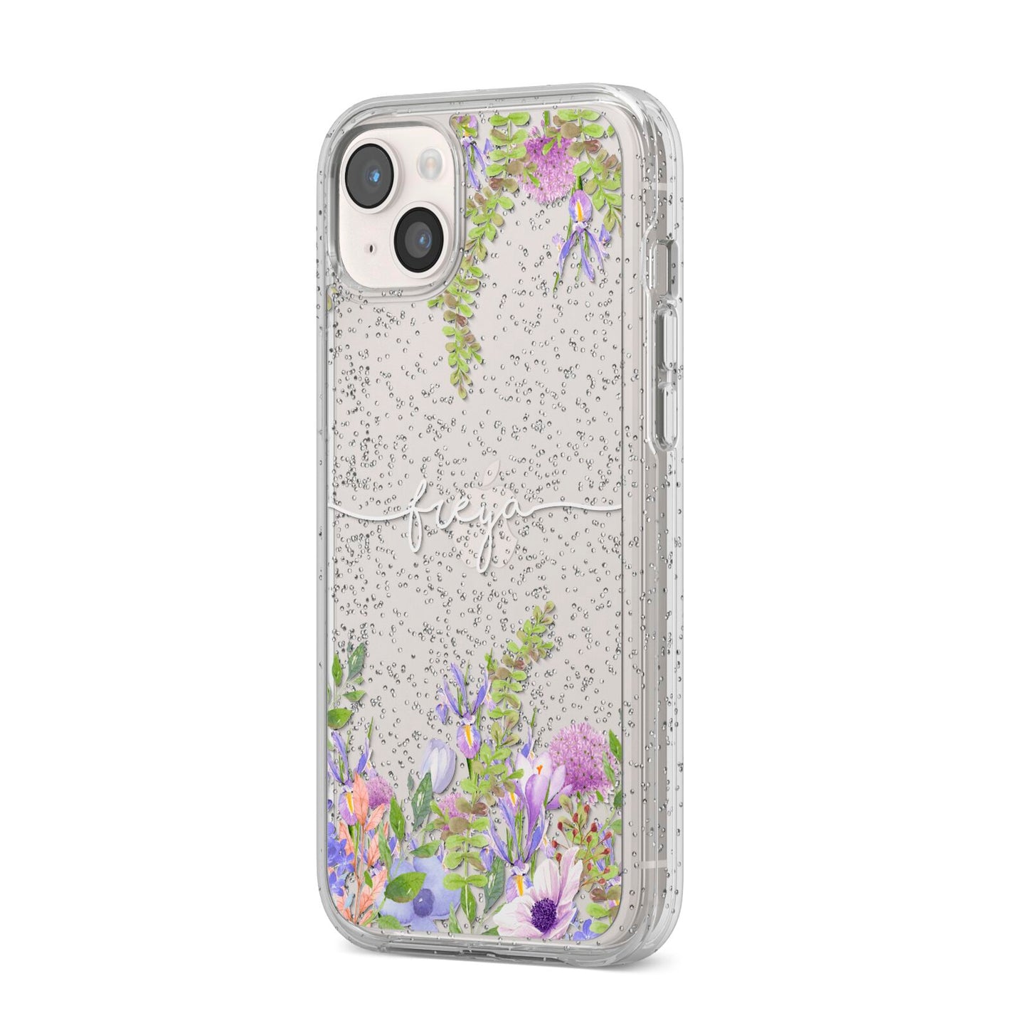 Personalised Purple Flowers iPhone 14 Plus Glitter Tough Case Starlight Angled Image