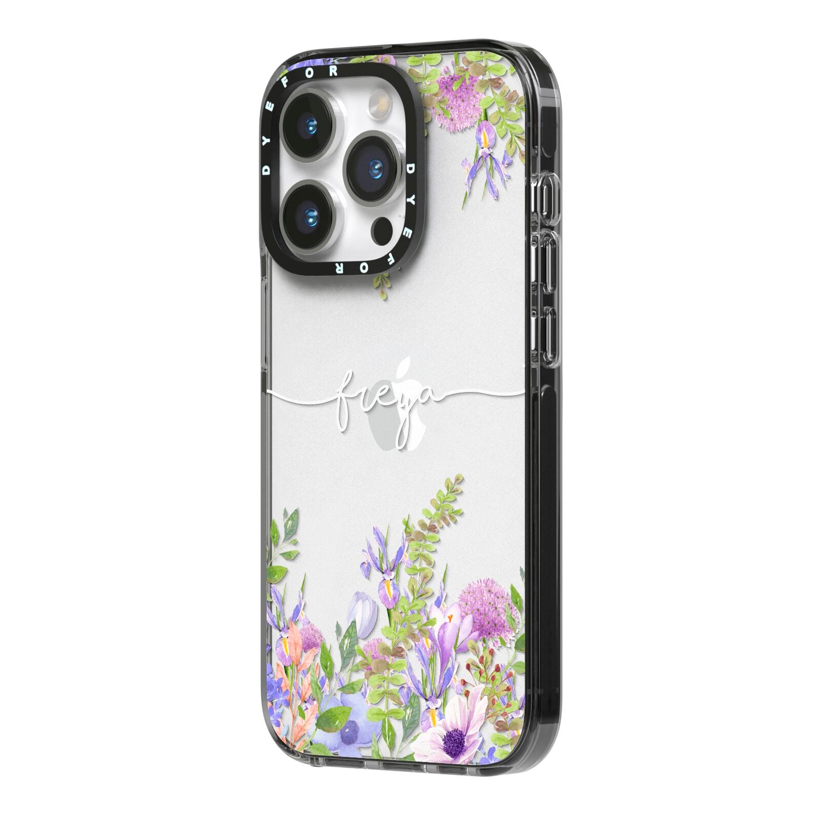 Personalised Purple Flowers iPhone 14 Pro Black Impact Case Side Angle on Silver phone