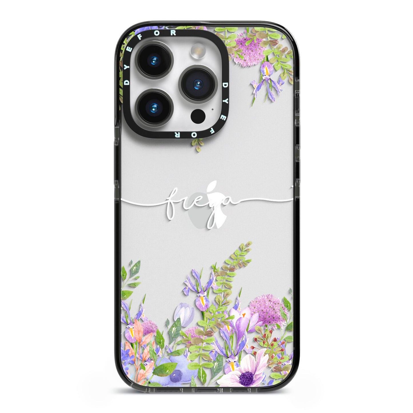 Personalised Purple Flowers iPhone 14 Pro Black Impact Case on Silver phone