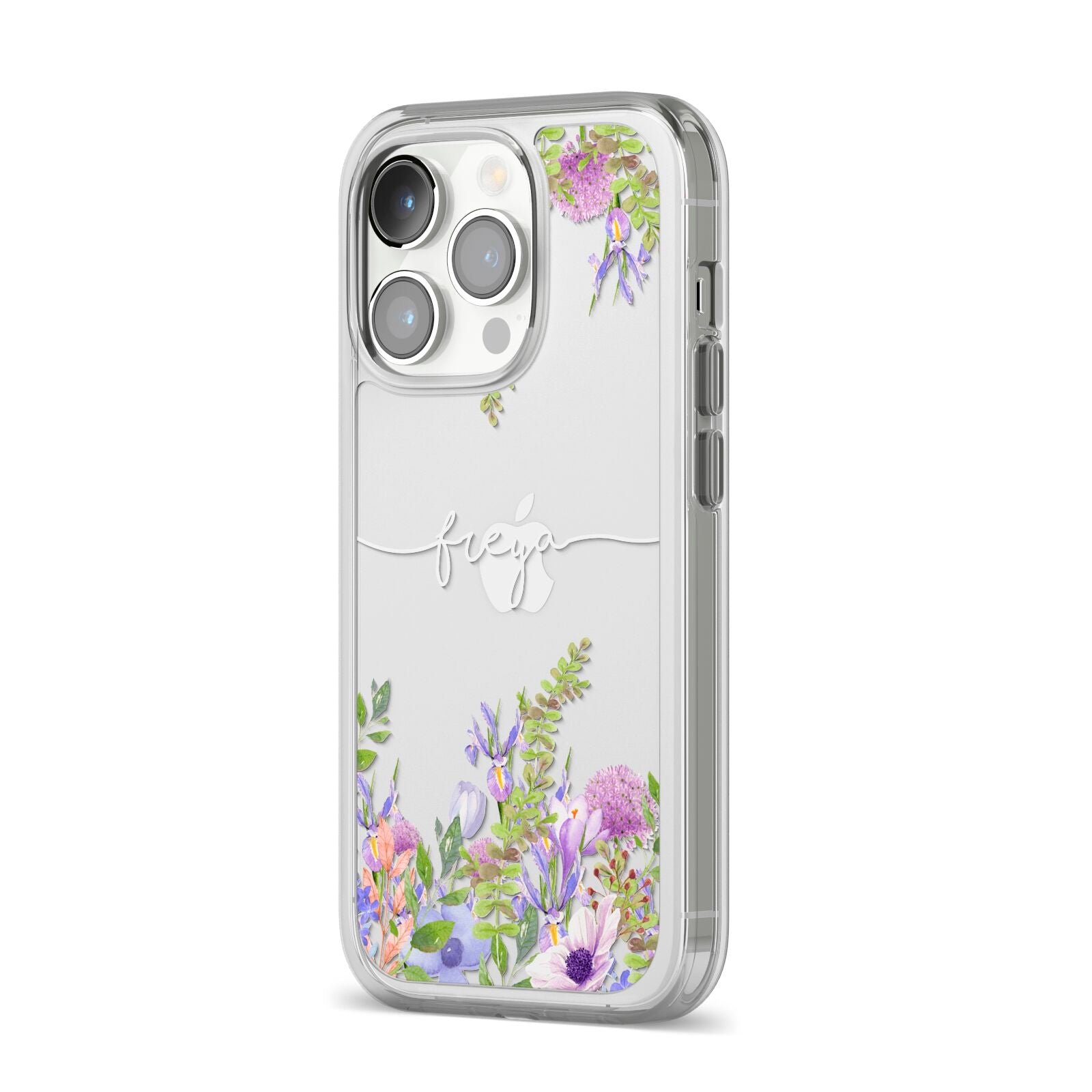 Personalised Purple Flowers iPhone 14 Pro Clear Tough Case Silver Angled Image
