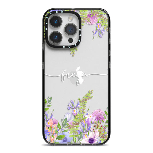 Personalised Purple Flowers iPhone 14 Pro Max Black Impact Case on Silver phone