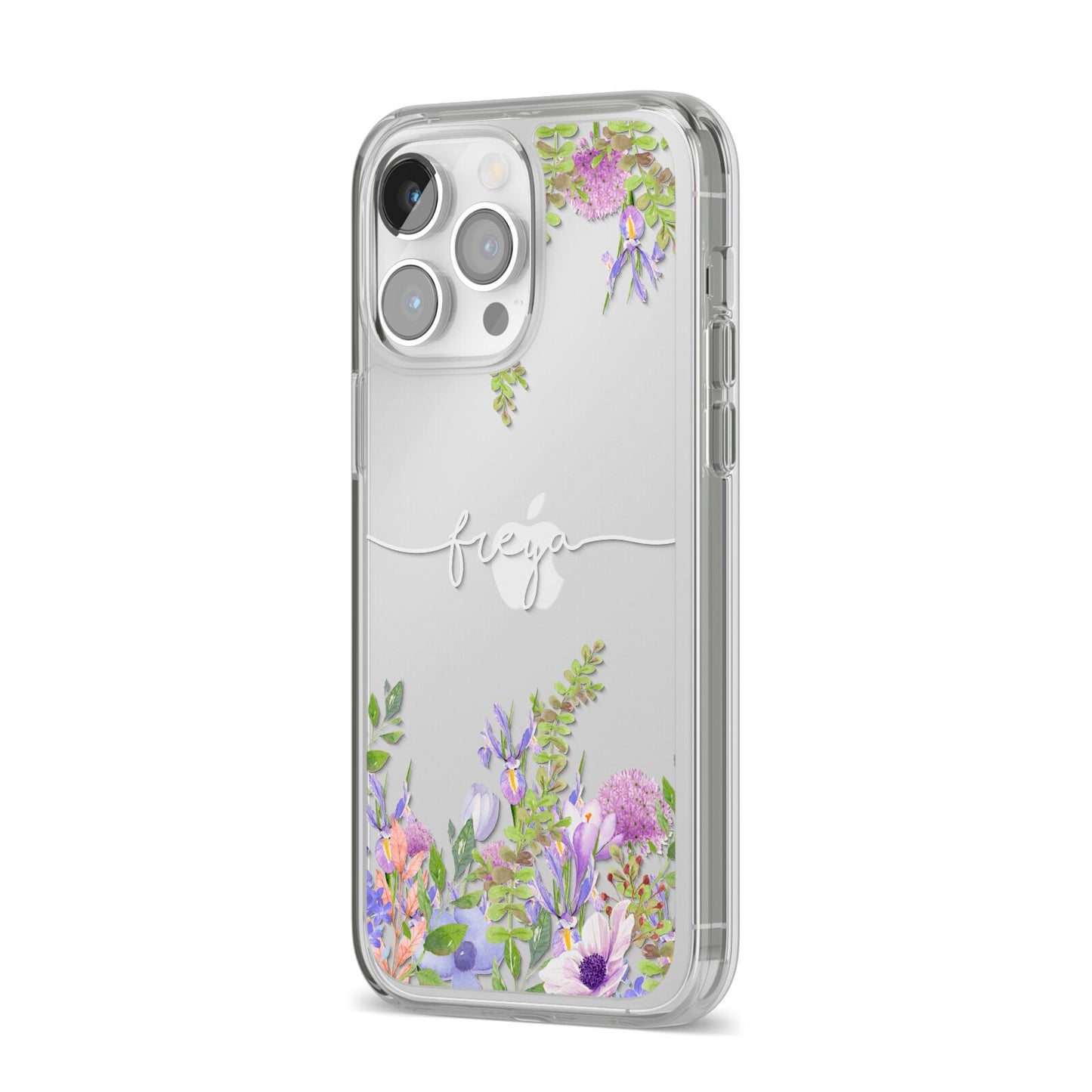 Personalised Purple Flowers iPhone 14 Pro Max Clear Tough Case Silver Angled Image