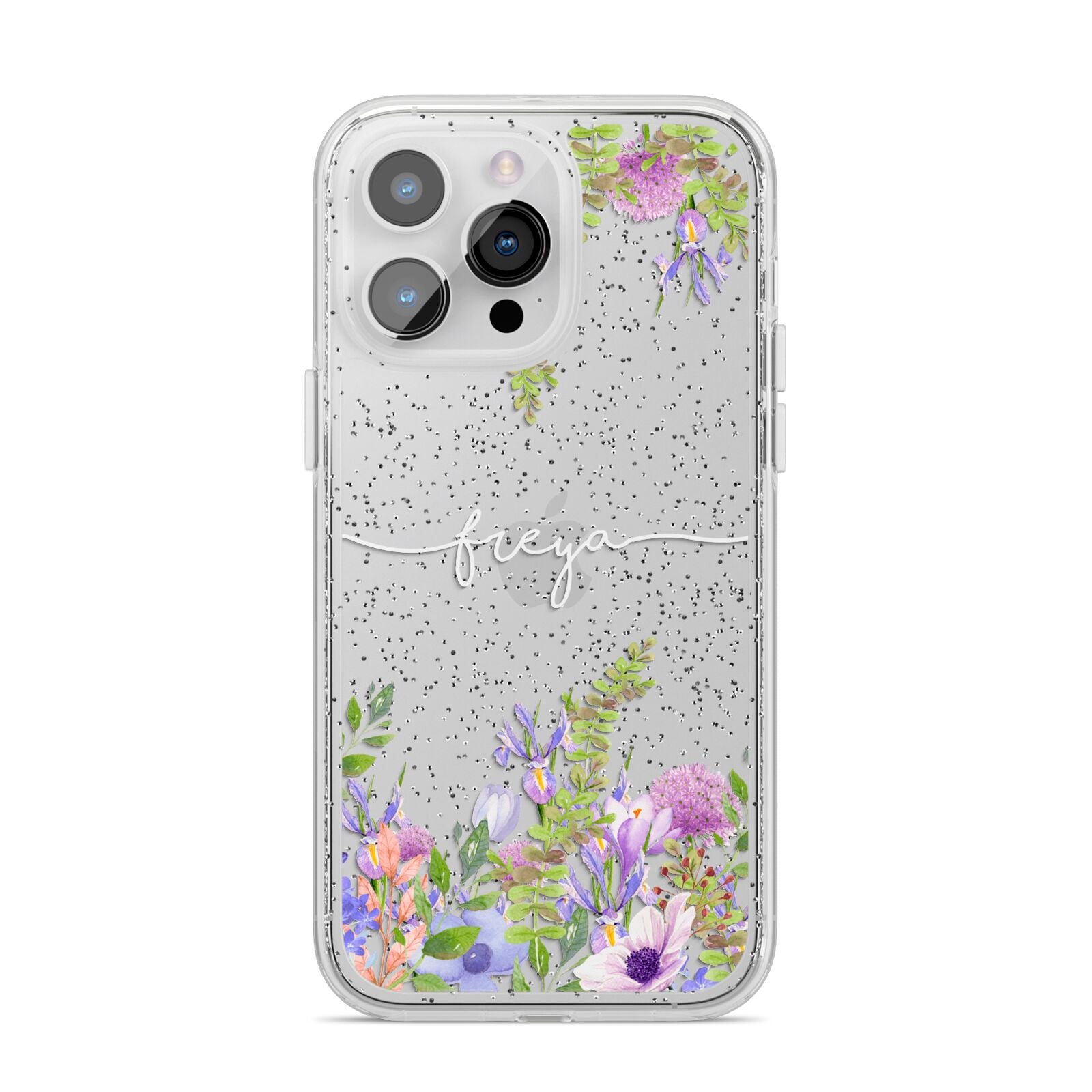 Personalised Purple Flowers iPhone 14 Pro Max Glitter Tough Case Silver