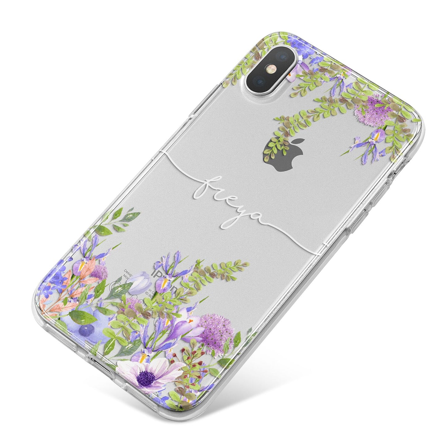 Personalised Purple Flowers iPhone X Bumper Case on Silver iPhone