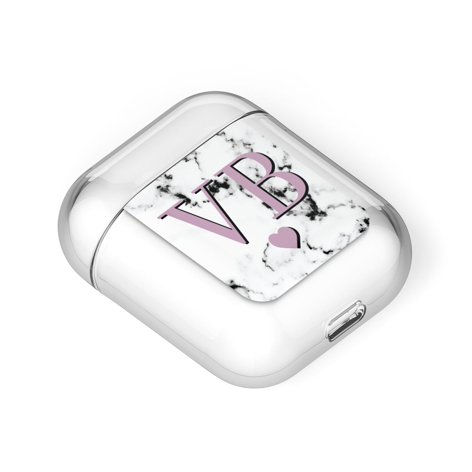 Personalised Purple Initialed Marble Heart AirPods Case Laid Flat