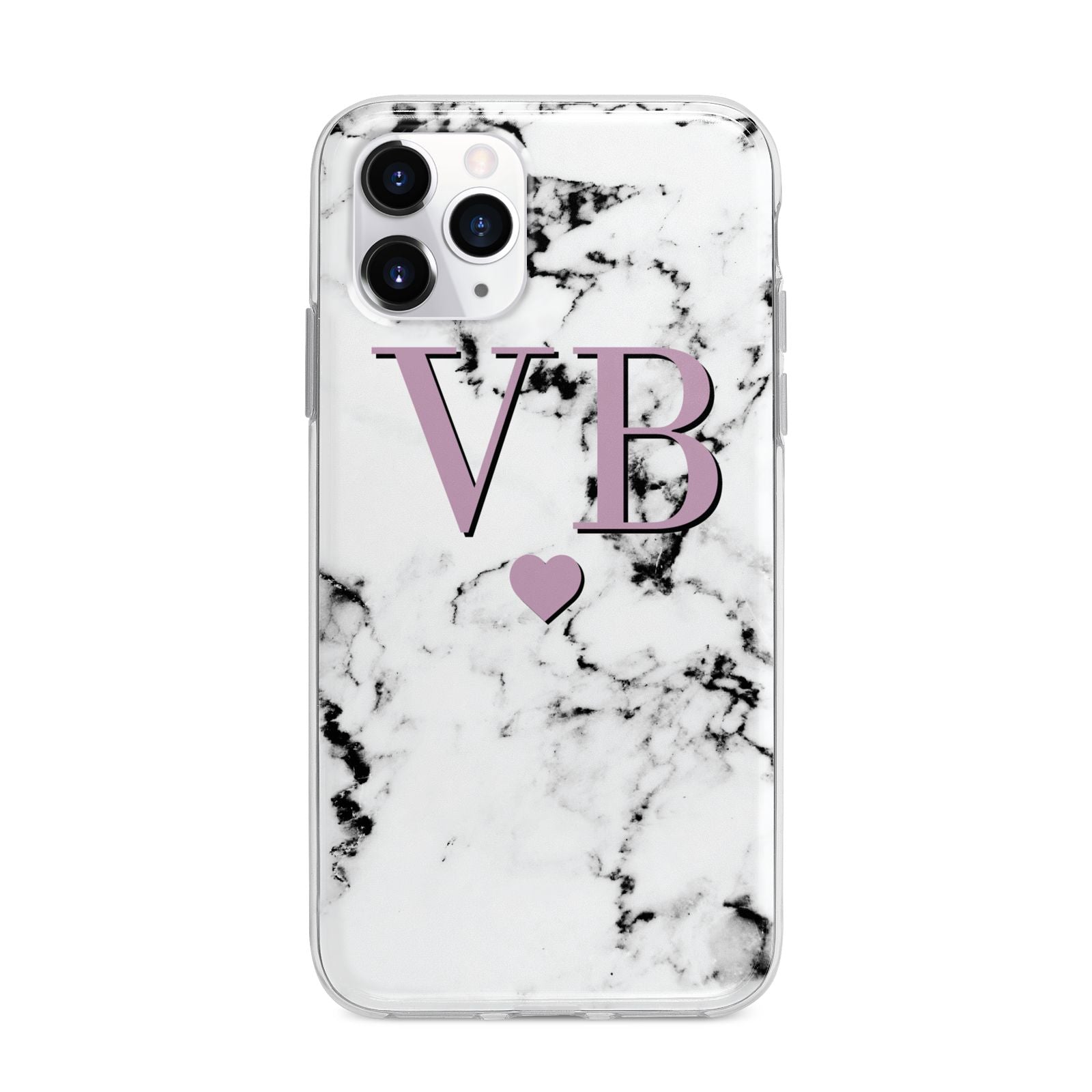 Personalised Purple Initialed Marble Heart Apple iPhone 11 Pro Max in Silver with Bumper Case