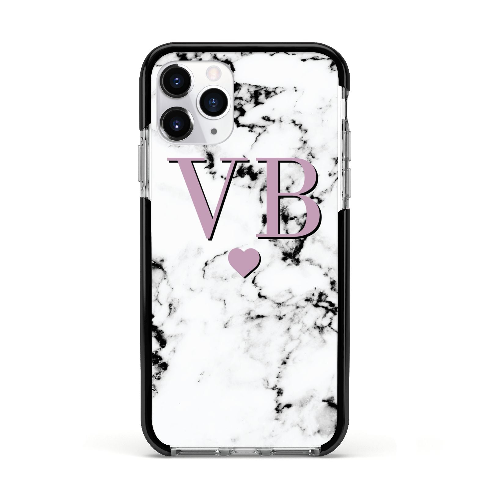Personalised Purple Initialed Marble Heart Apple iPhone 11 Pro in Silver with Black Impact Case