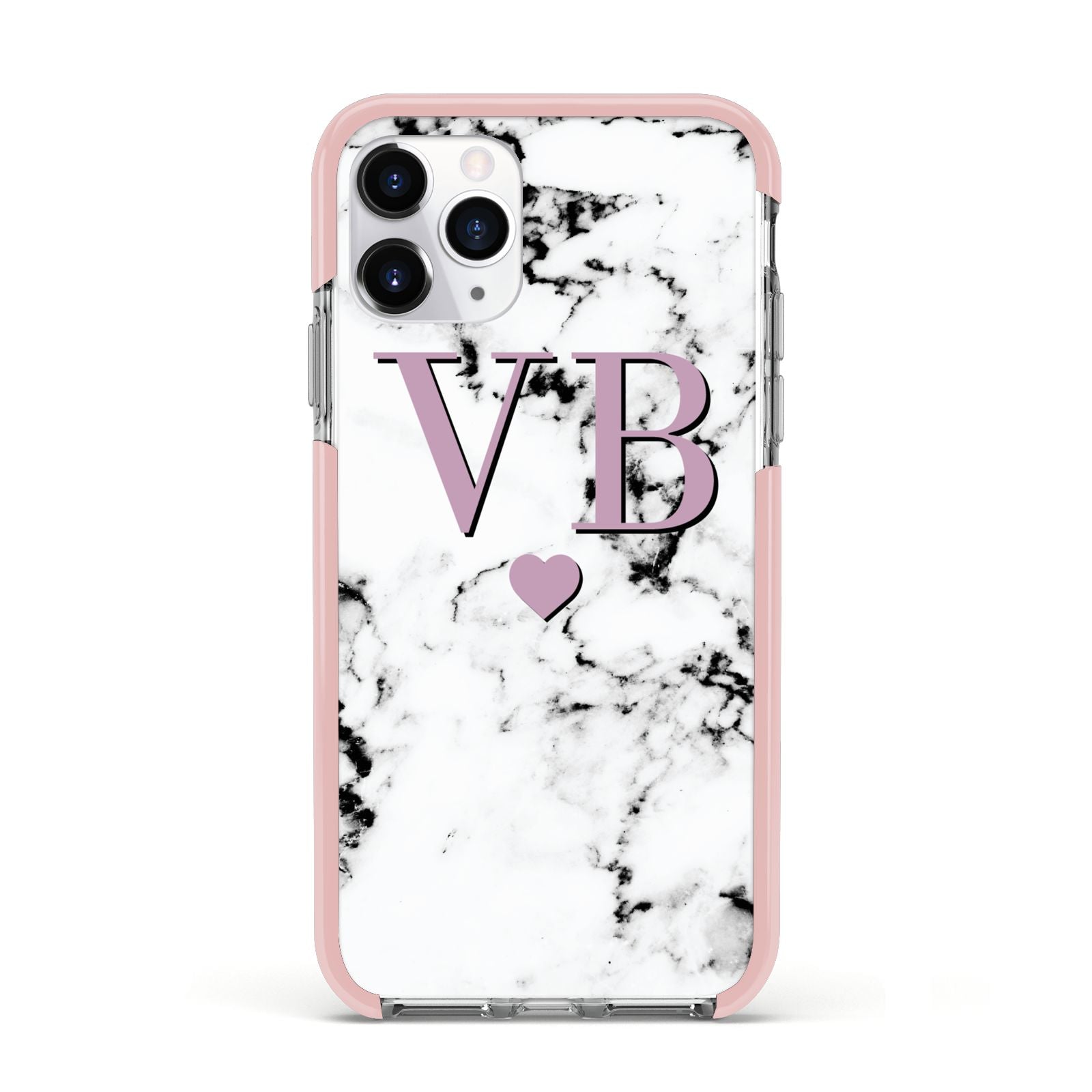 Personalised Purple Initialed Marble Heart Apple iPhone 11 Pro in Silver with Pink Impact Case