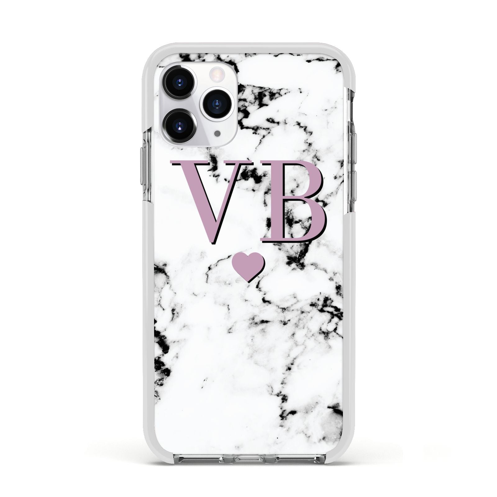 Personalised Purple Initialed Marble Heart Apple iPhone 11 Pro in Silver with White Impact Case