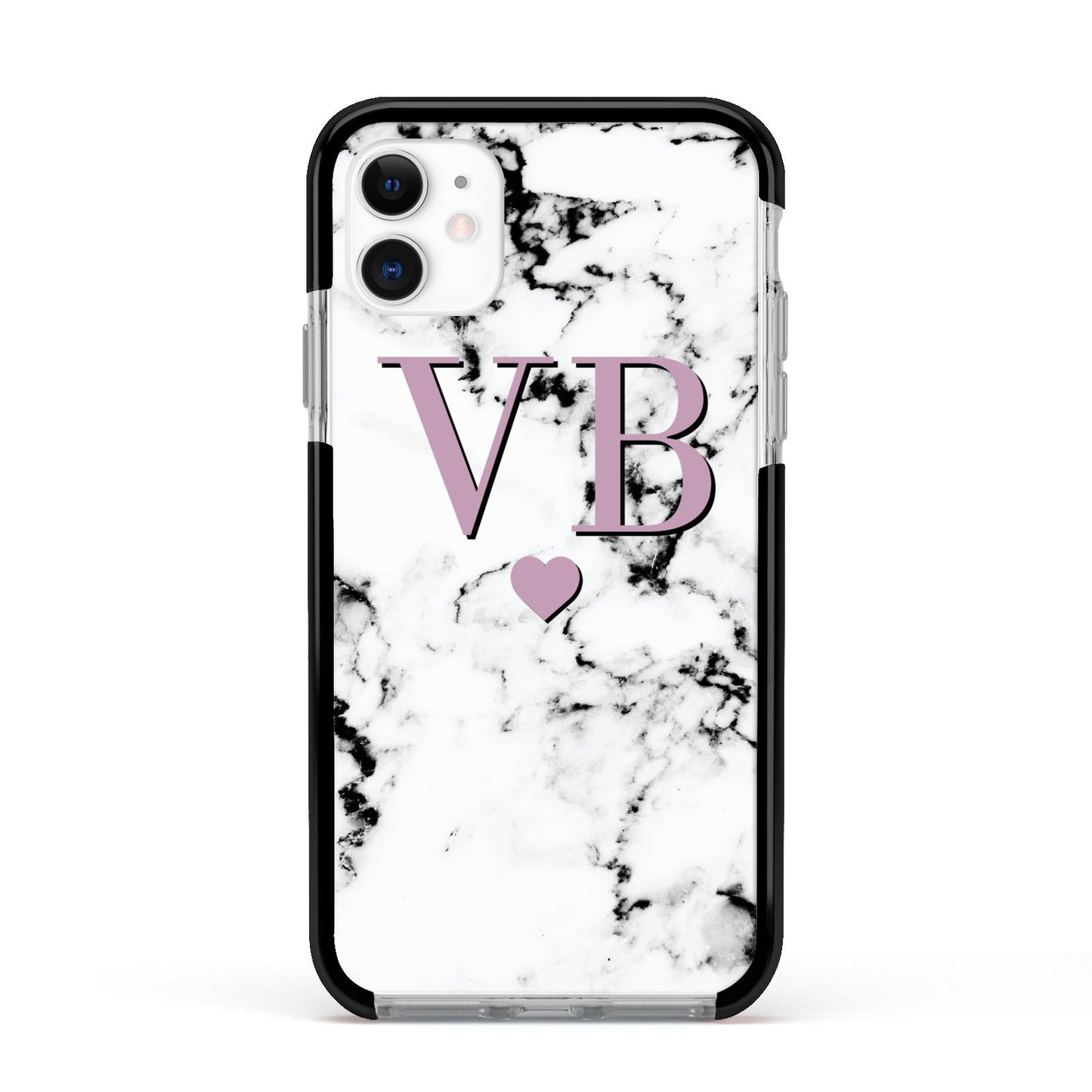 Personalised Purple Initialed Marble Heart Apple iPhone 11 in White with Black Impact Case