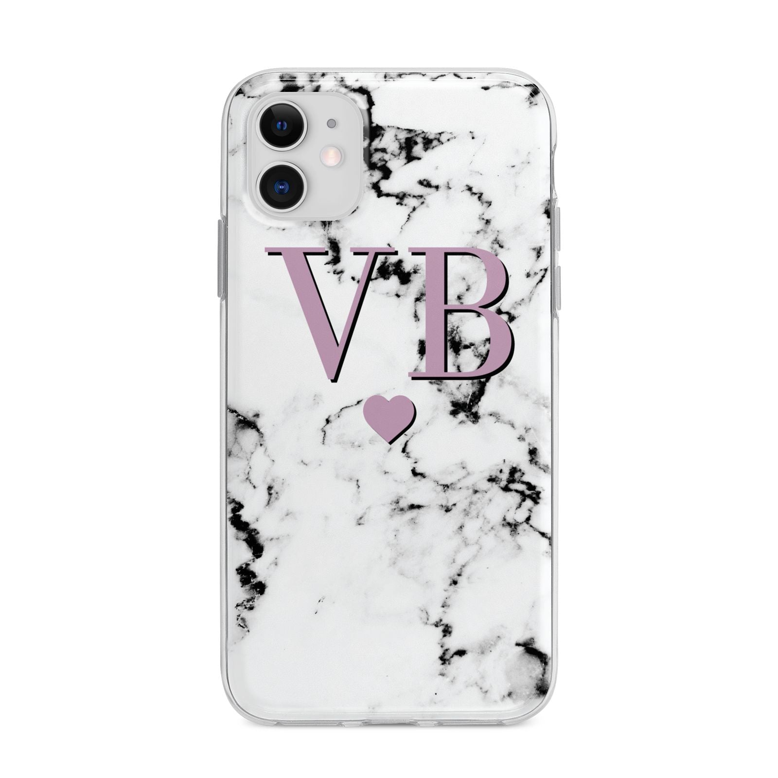 Personalised Purple Initialed Marble Heart Apple iPhone 11 in White with Bumper Case