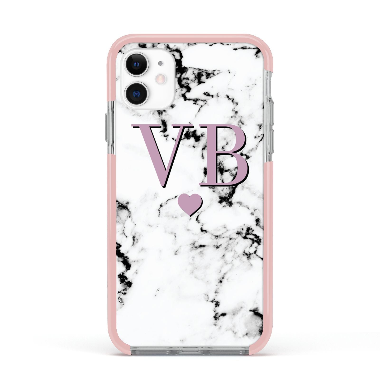 Personalised Purple Initialed Marble Heart Apple iPhone 11 in White with Pink Impact Case