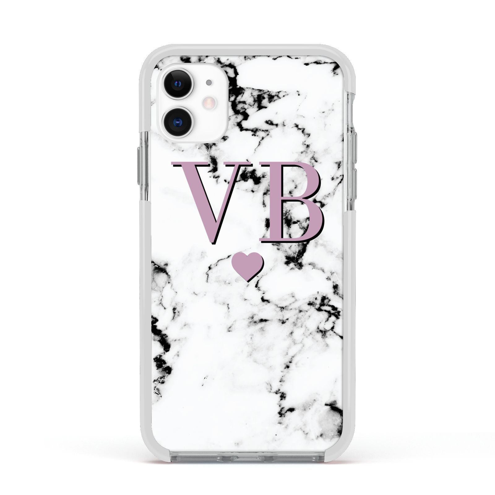Personalised Purple Initialed Marble Heart Apple iPhone 11 in White with White Impact Case