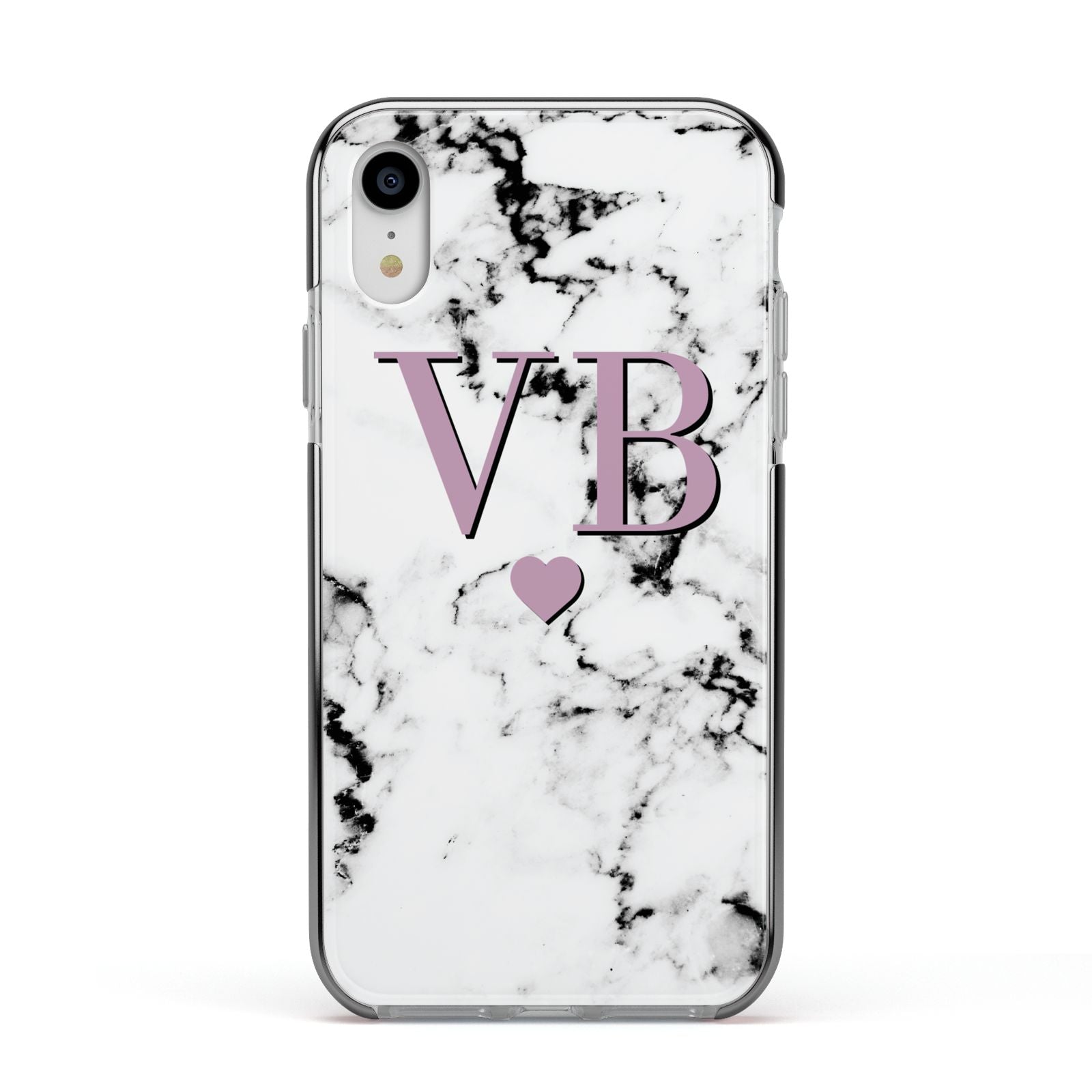 Personalised Purple Initialed Marble Heart Apple iPhone XR Impact Case Black Edge on Silver Phone