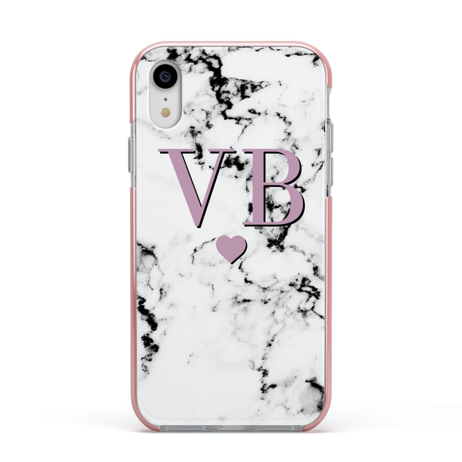 Personalised Purple Initialed Marble Heart Apple iPhone XR Impact Case Pink Edge on Silver Phone