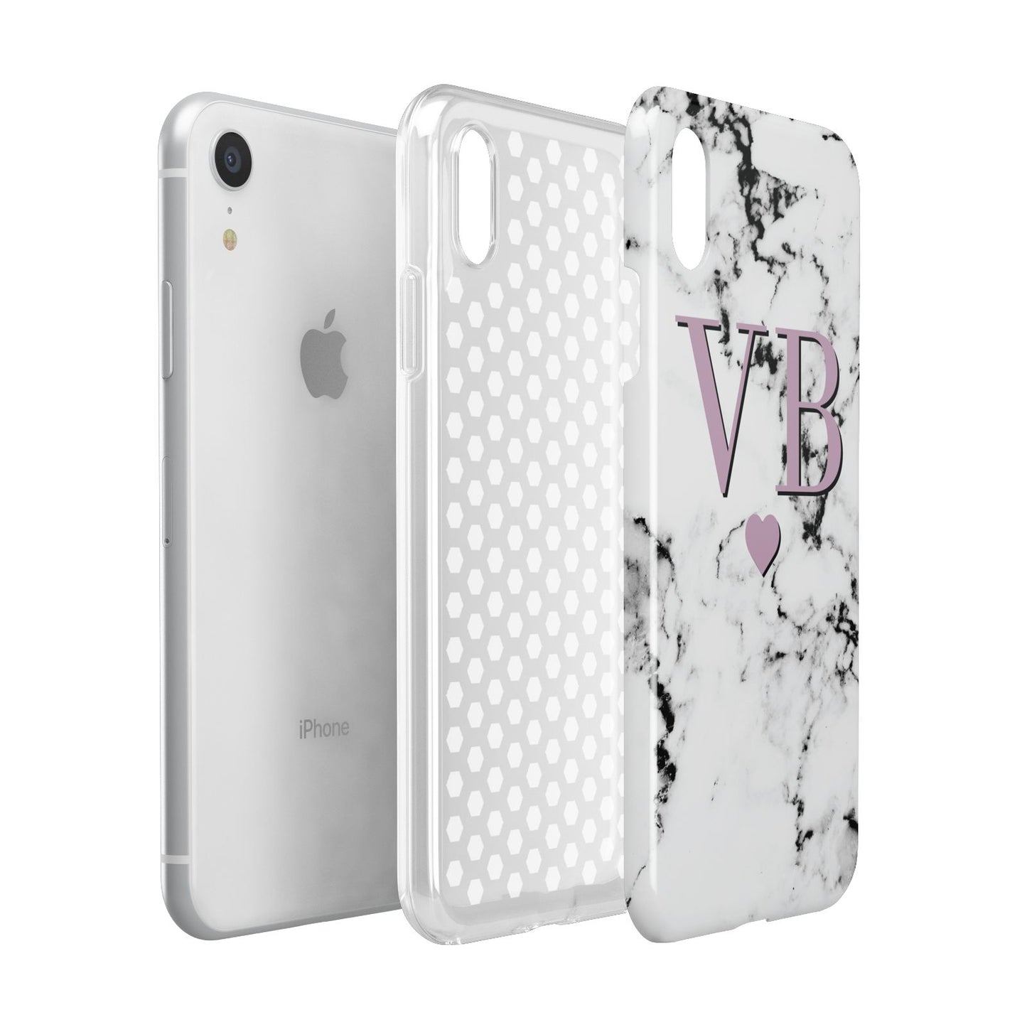 Personalised Purple Initialed Marble Heart Apple iPhone XR White 3D Tough Case Expanded view