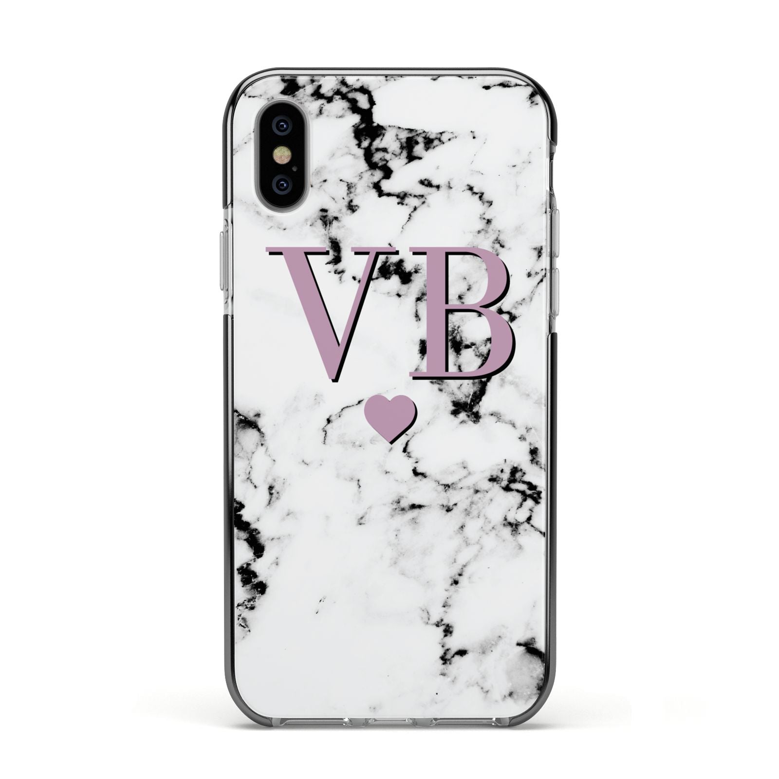 Personalised Purple Initialed Marble Heart Apple iPhone Xs Impact Case Black Edge on Silver Phone