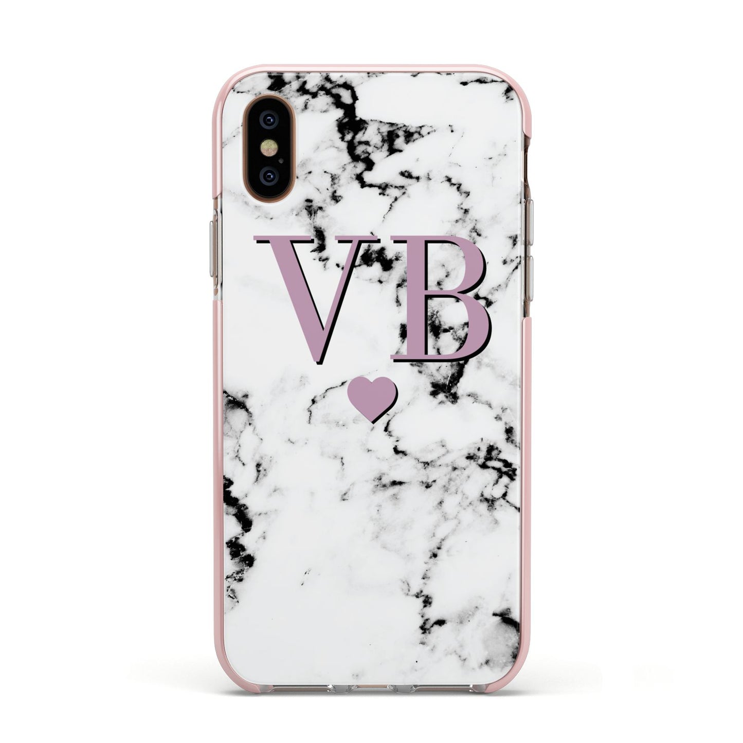 Personalised Purple Initialed Marble Heart Apple iPhone Xs Impact Case Pink Edge on Gold Phone