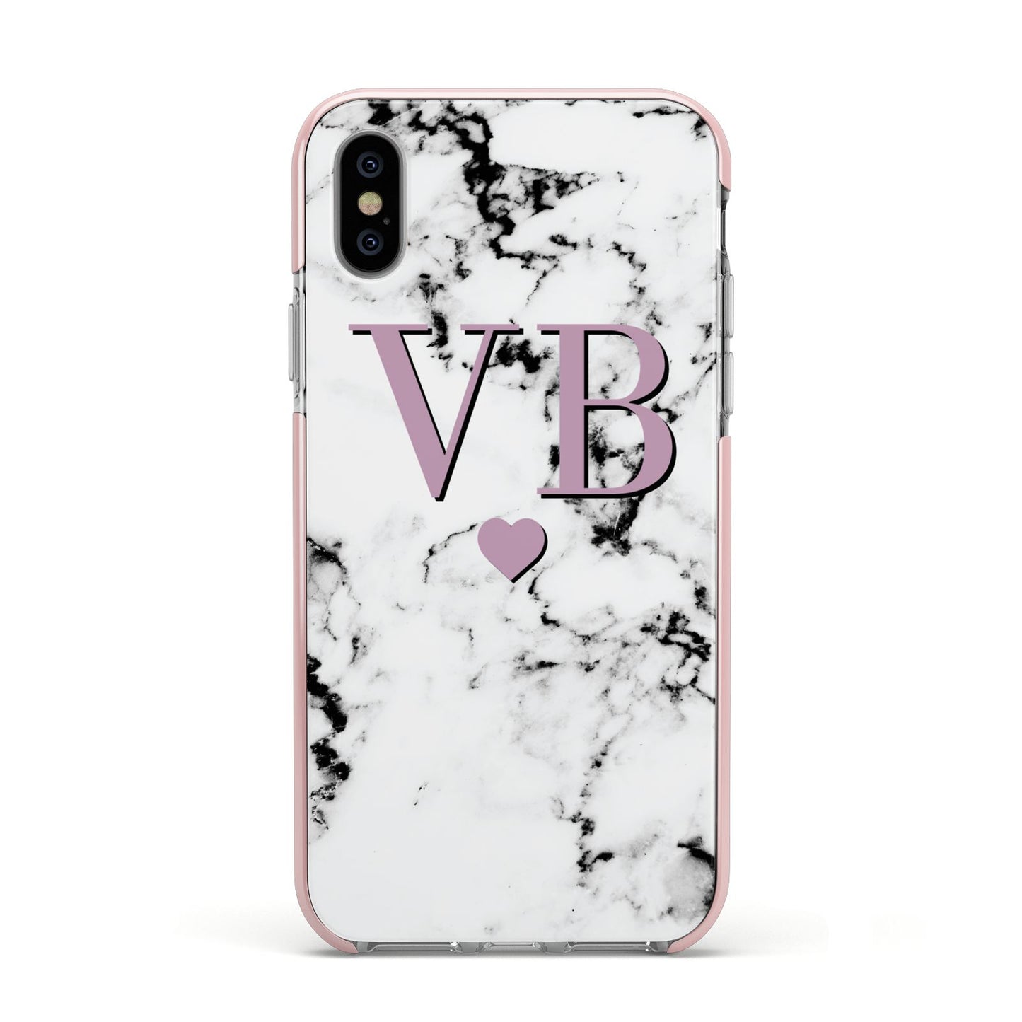Personalised Purple Initialed Marble Heart Apple iPhone Xs Impact Case Pink Edge on Silver Phone
