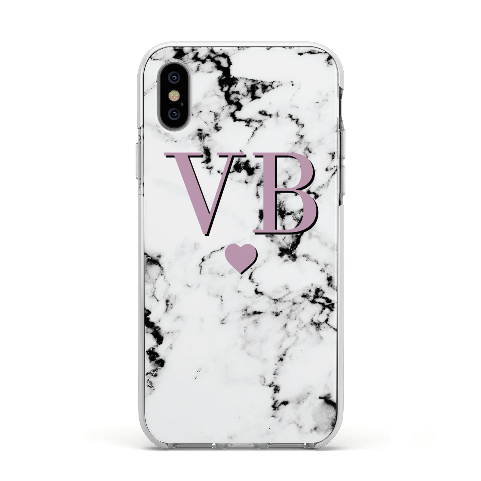 Personalised Purple Initialed Marble Heart Apple iPhone Xs Impact Case White Edge on Silver Phone