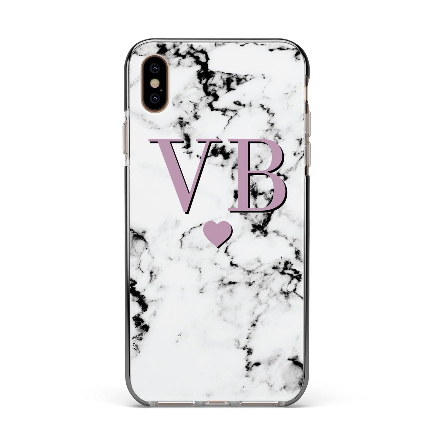Personalised Purple Initialed Marble Heart Apple iPhone Xs Max Impact Case Black Edge on Gold Phone