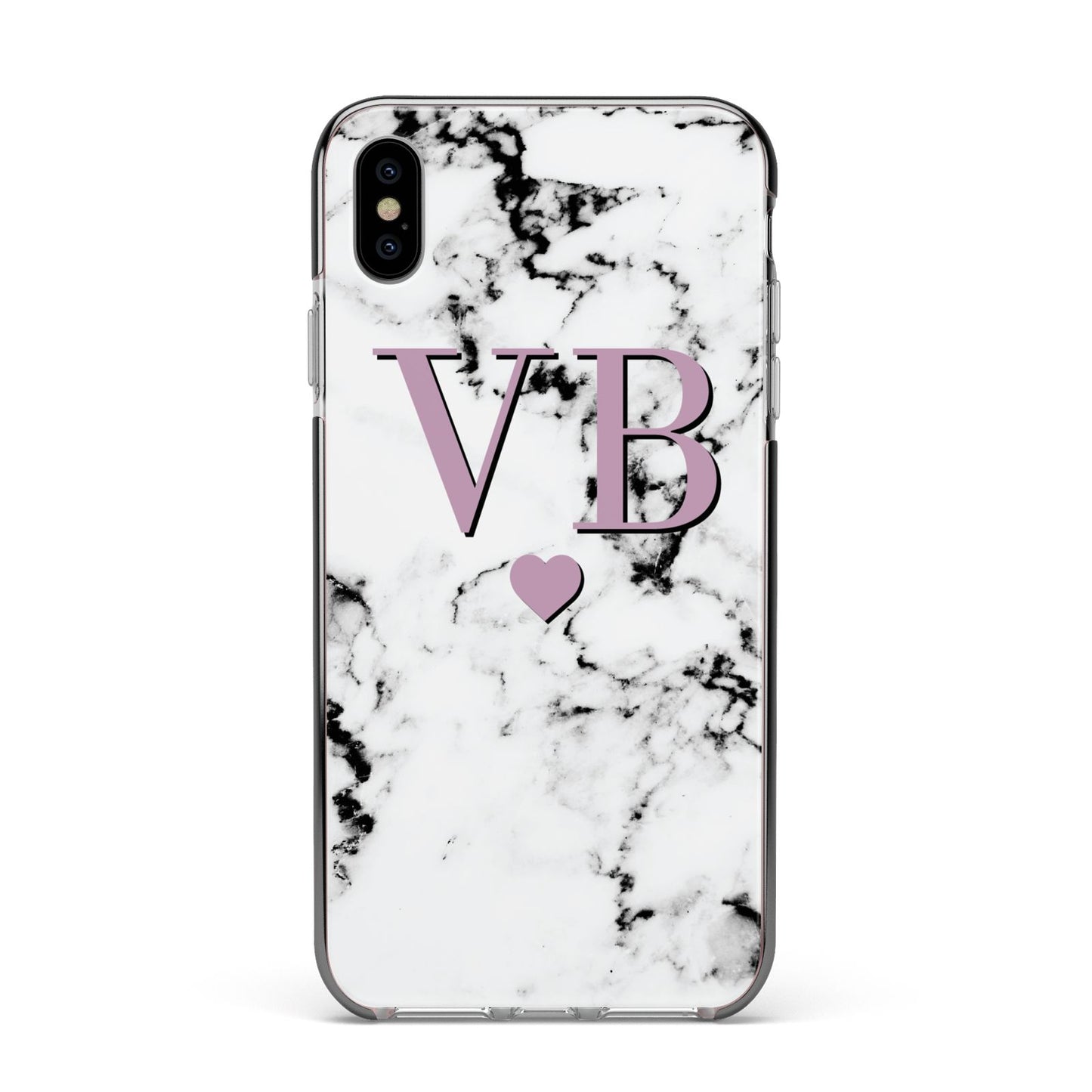 Personalised Purple Initialed Marble Heart Apple iPhone Xs Max Impact Case Black Edge on Silver Phone