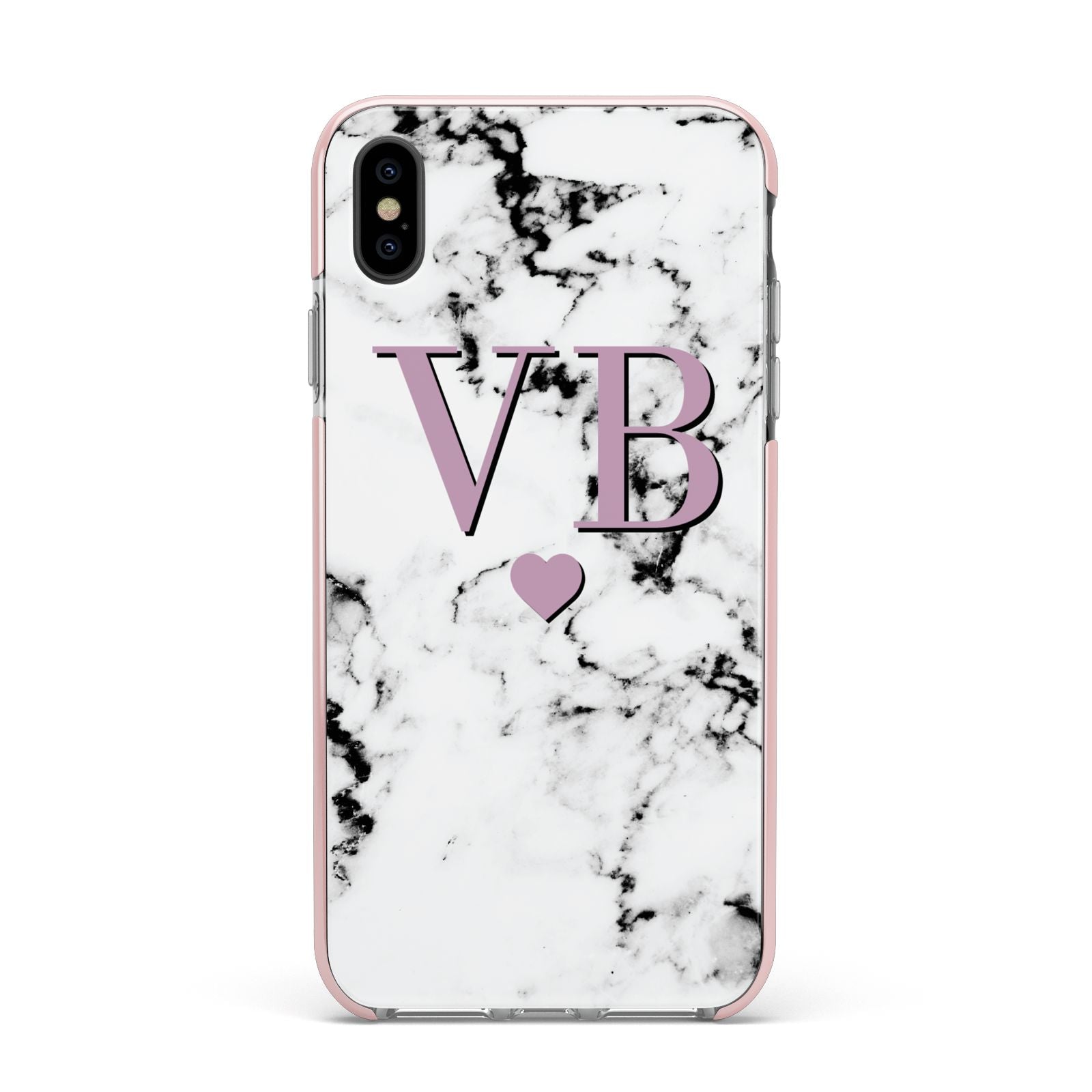Personalised Purple Initialed Marble Heart Apple iPhone Xs Max Impact Case Pink Edge on Black Phone