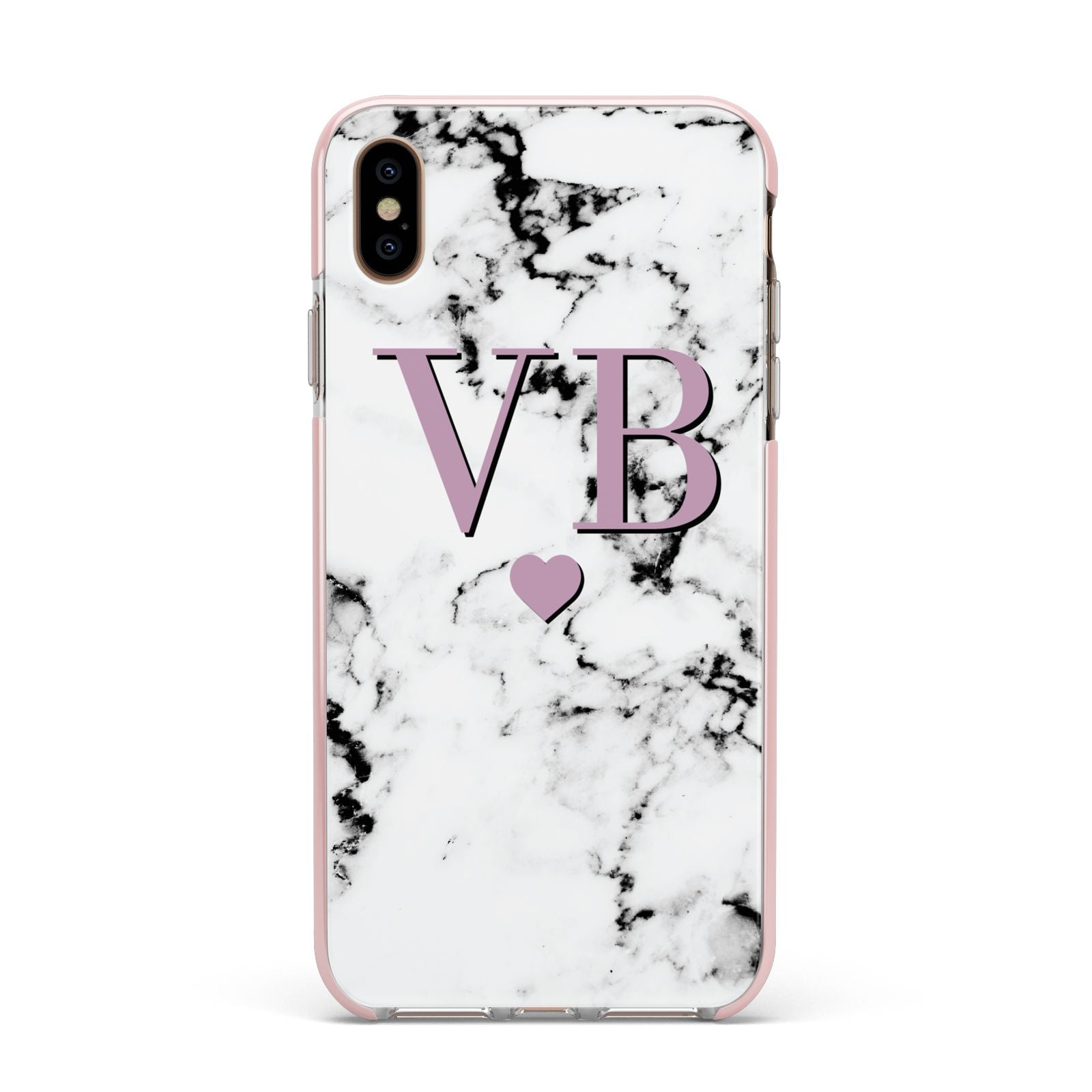 Personalised Purple Initialed Marble Heart Apple iPhone Xs Max Impact Case Pink Edge on Gold Phone
