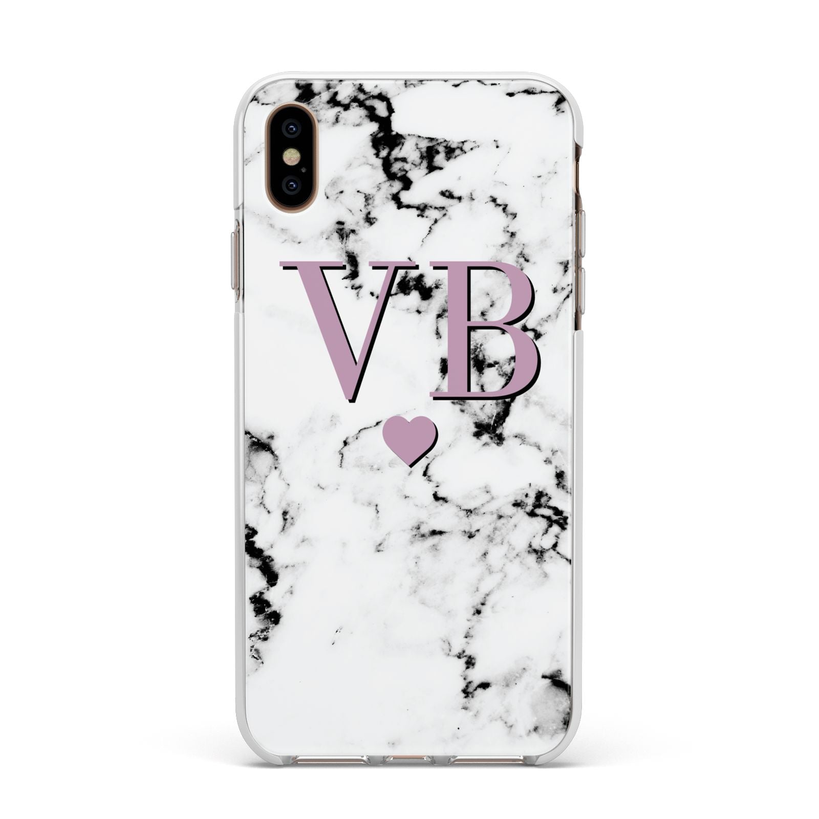Personalised Purple Initialed Marble Heart Apple iPhone Xs Max Impact Case White Edge on Gold Phone