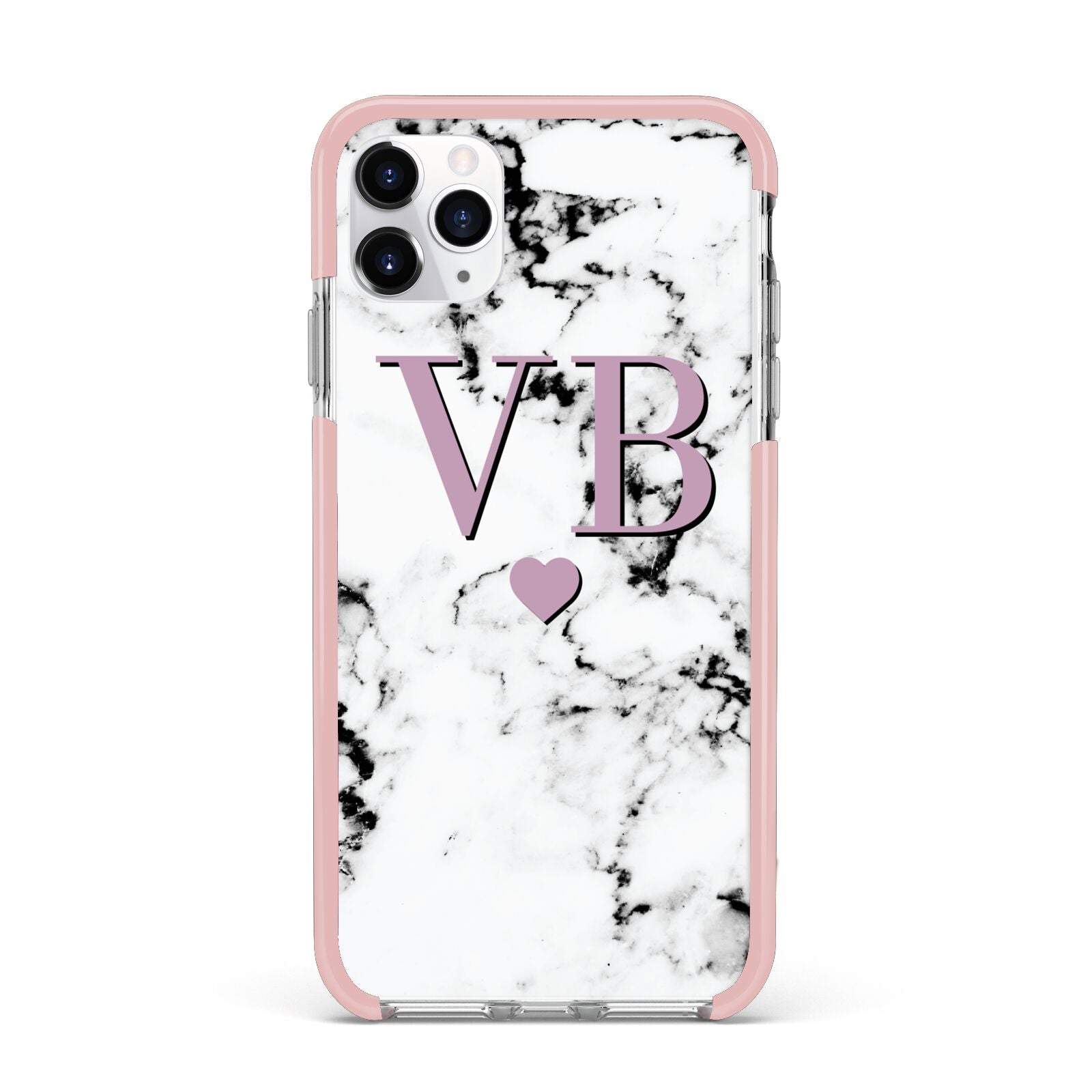 Personalised Purple Initialed Marble Heart iPhone 11 Pro Max Impact Pink Edge Case