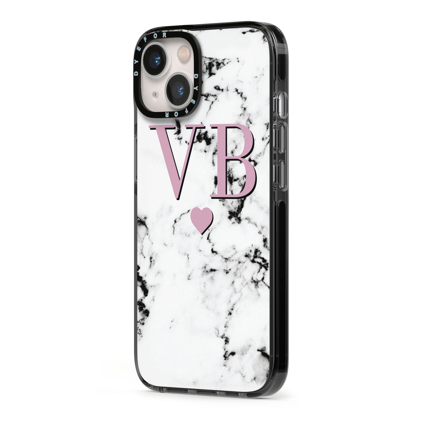 Personalised Purple Initialed Marble Heart iPhone 13 Black Impact Case Side Angle on Silver phone