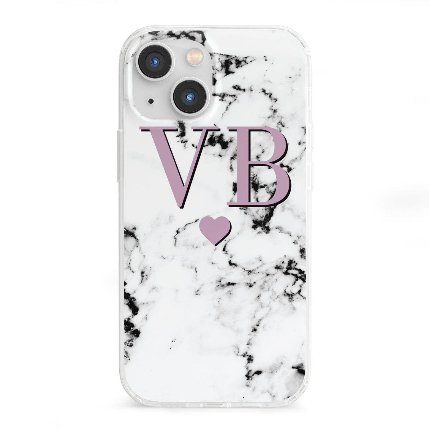 Personalised Purple Initialed Marble Heart iPhone 13 Mini Clear Bumper Case