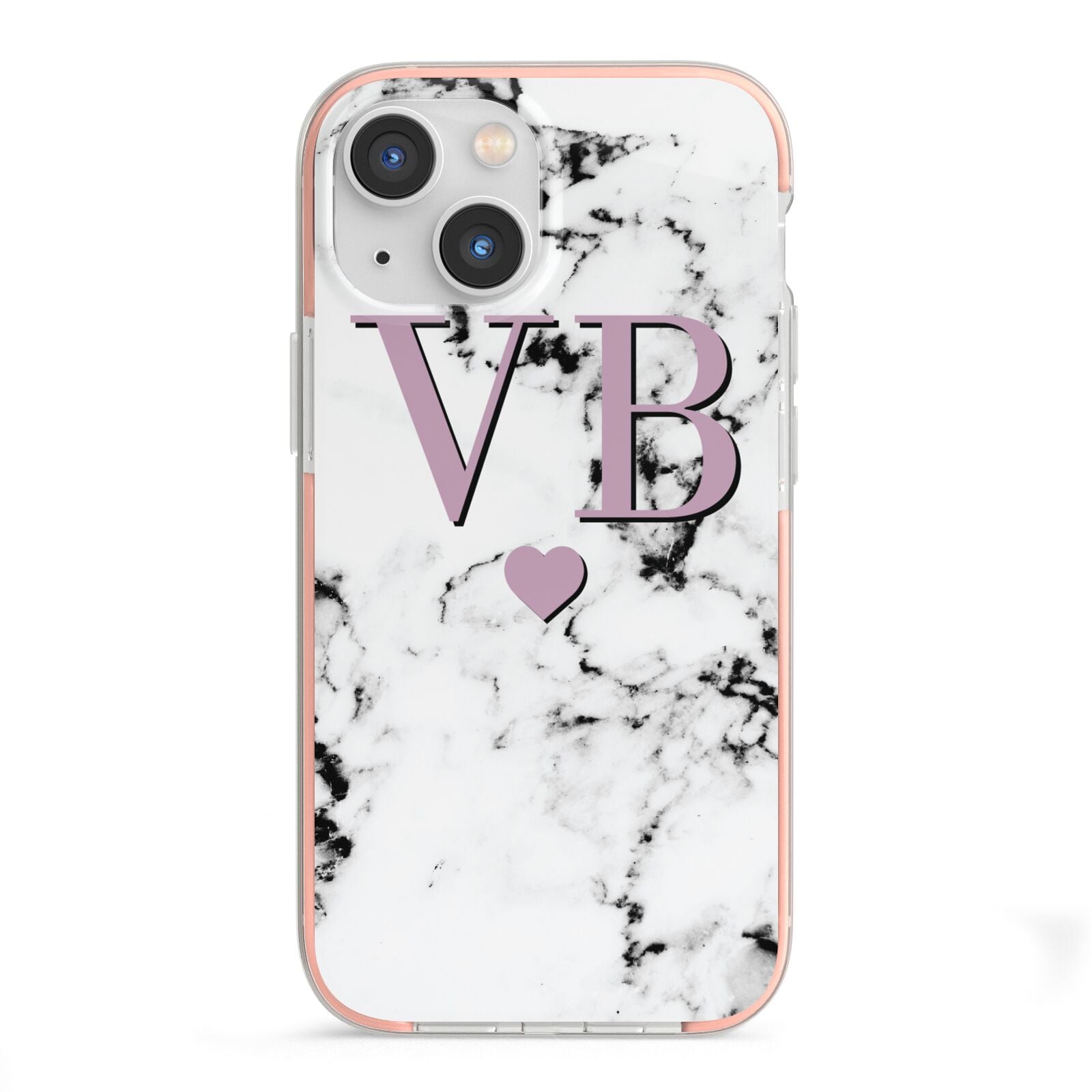 Personalised Purple Initialed Marble Heart iPhone 13 Mini TPU Impact Case with Pink Edges