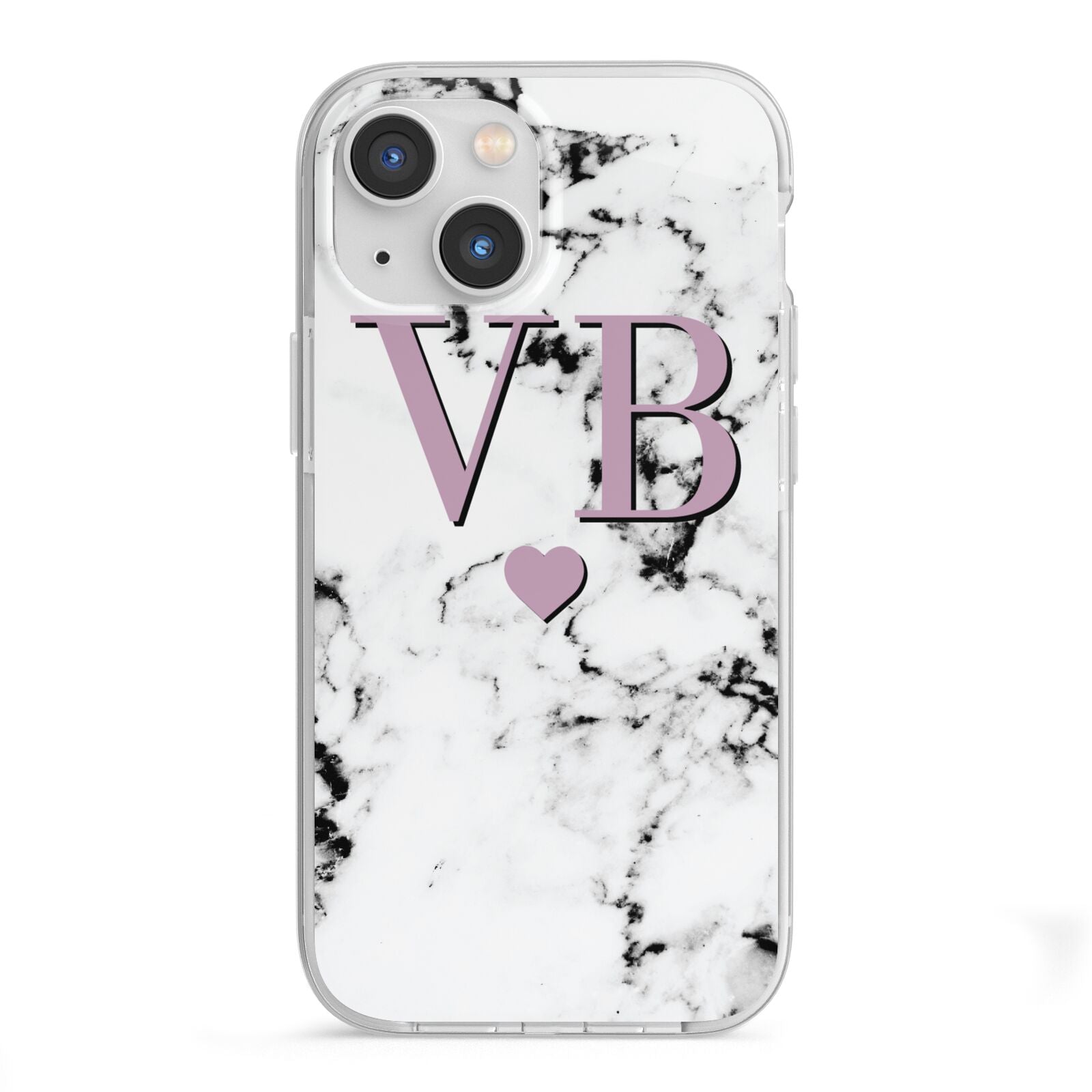 Personalised Purple Initialed Marble Heart iPhone 13 Mini TPU Impact Case with White Edges