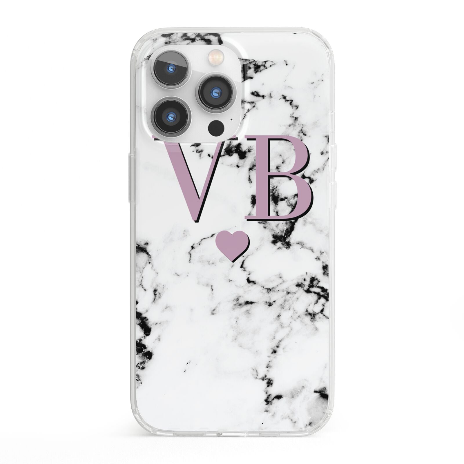 Personalised Purple Initialed Marble Heart iPhone 13 Pro Clear Bumper Case