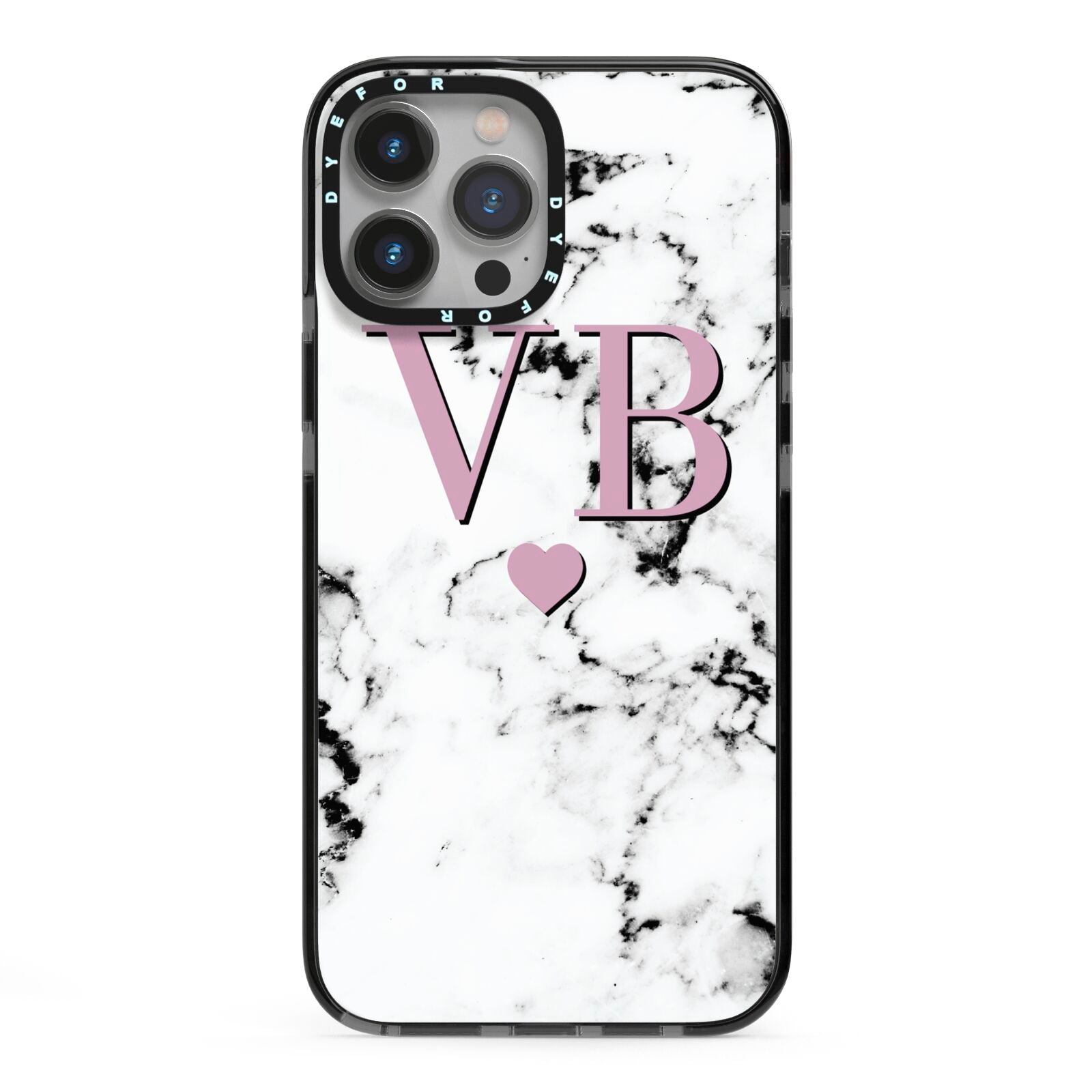 Personalised Purple Initialed Marble Heart iPhone 13 Pro Max Black Impact Case on Silver phone