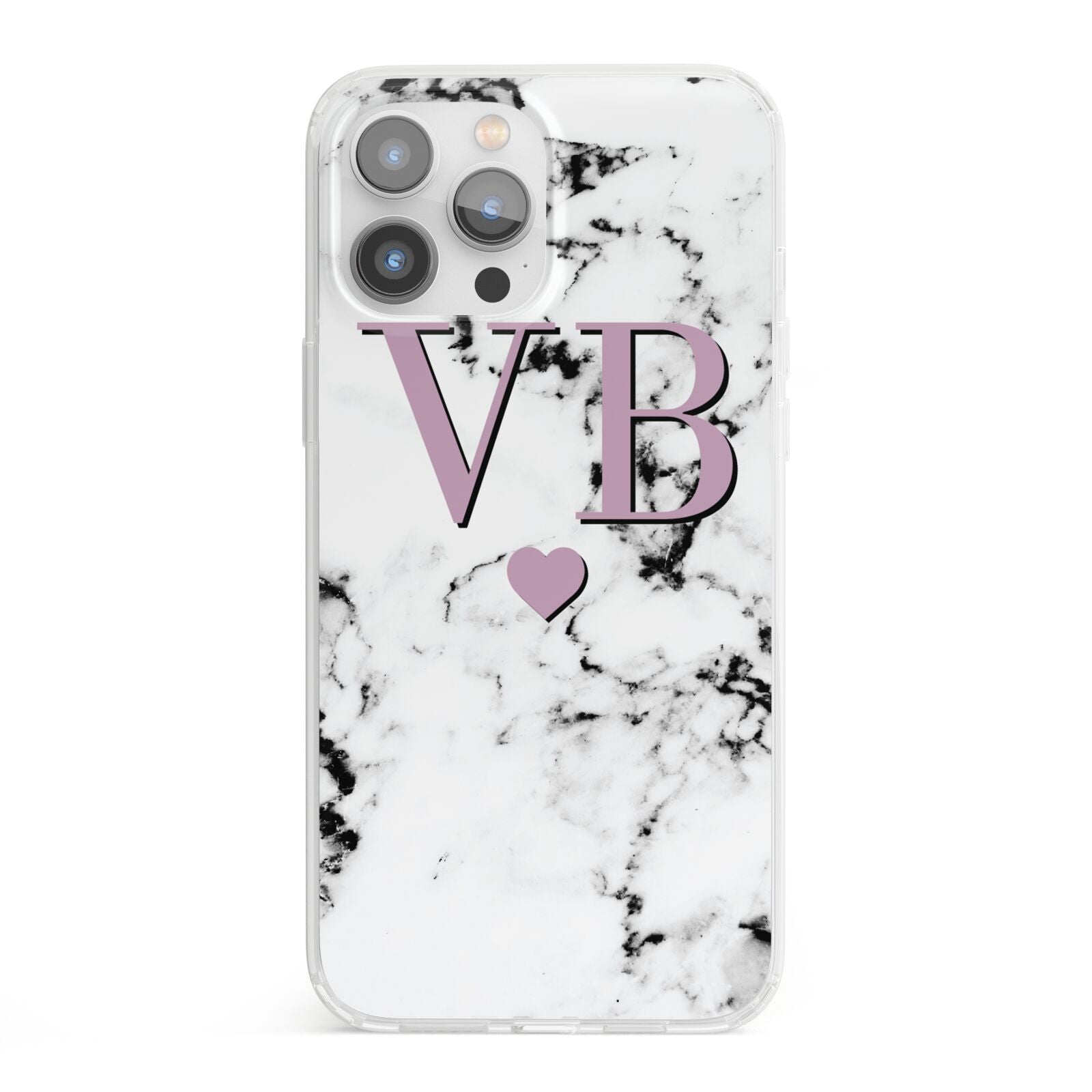 Personalised Purple Initialed Marble Heart iPhone 13 Pro Max Clear Bumper Case