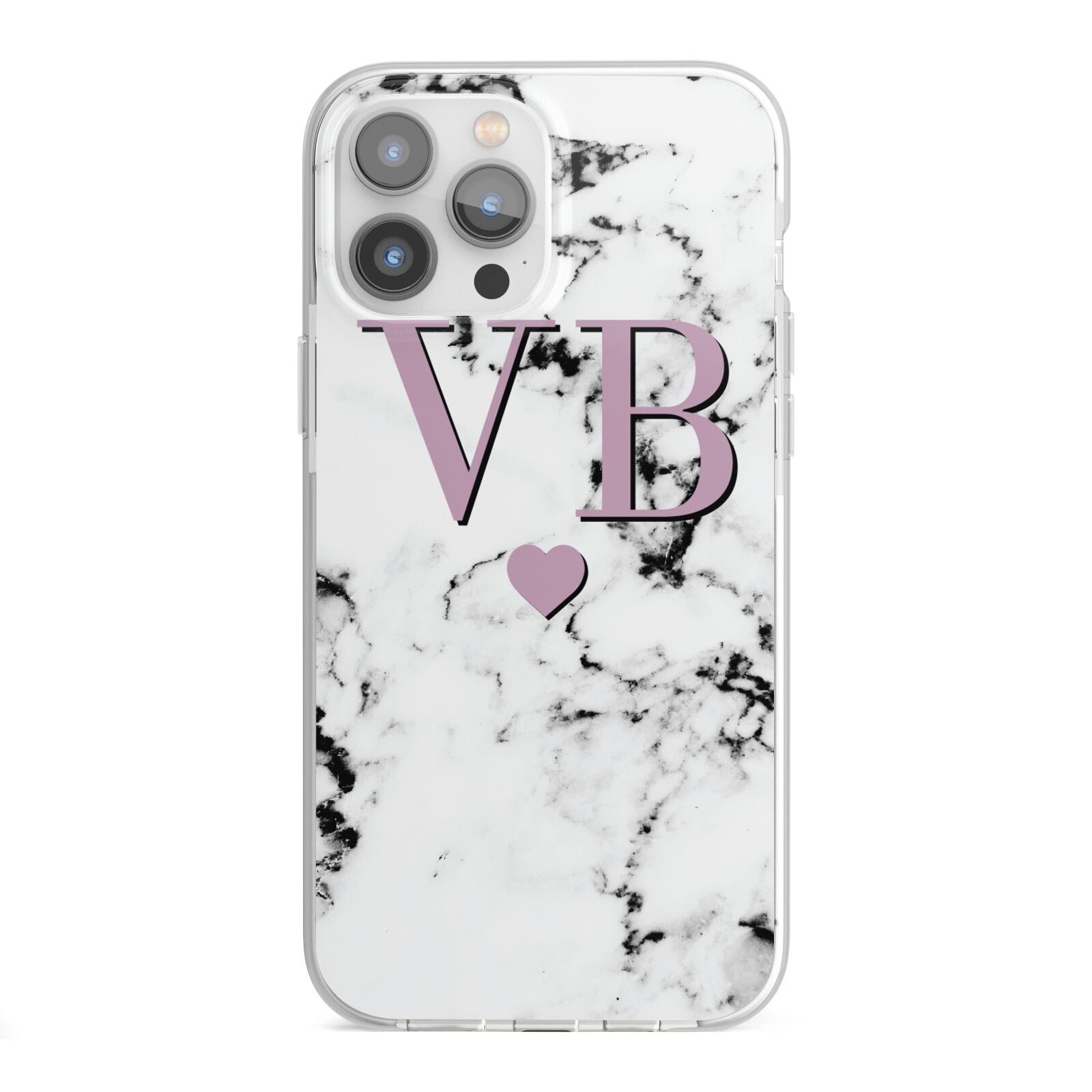 Personalised Purple Initialed Marble Heart iPhone 13 Pro Max TPU Impact Case with White Edges