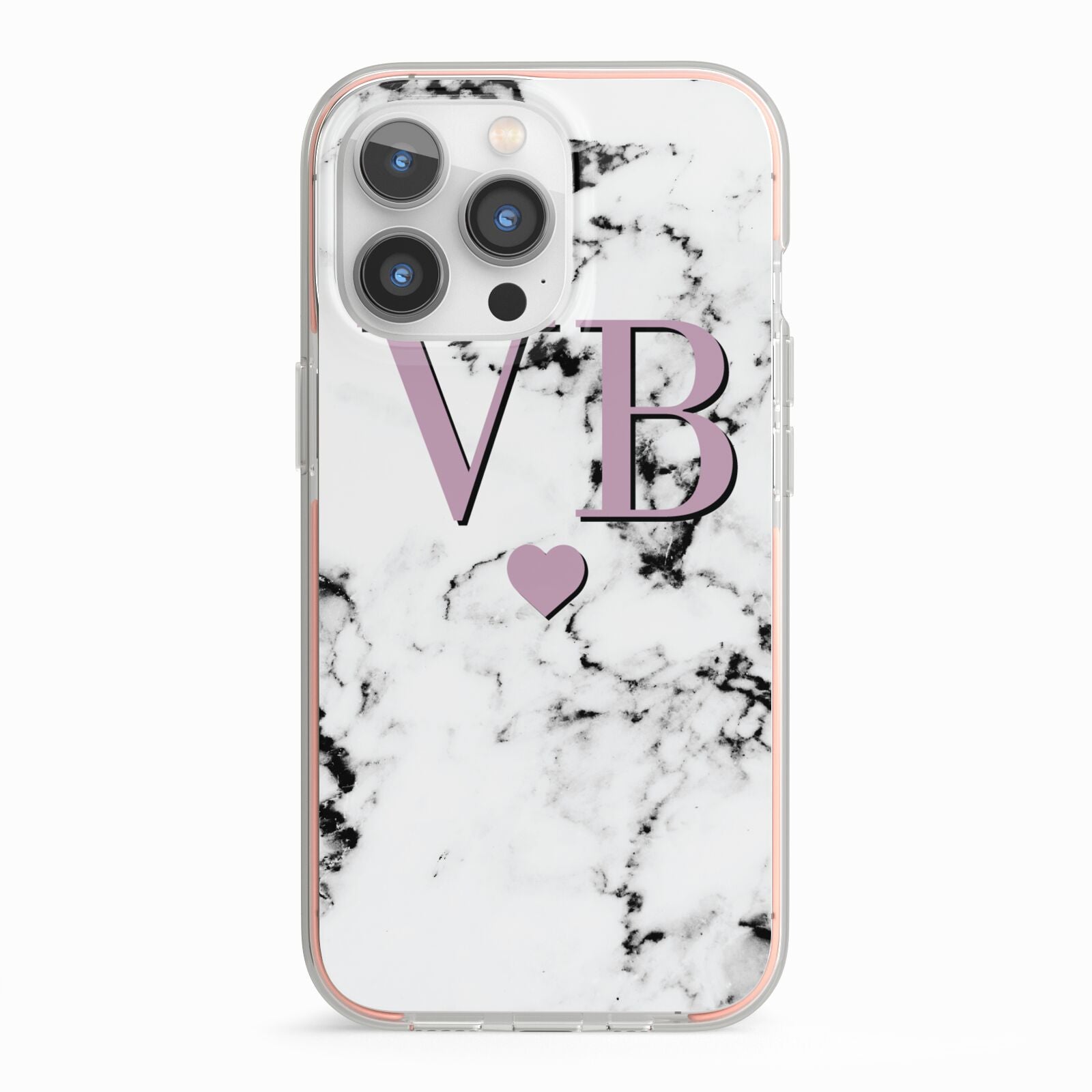 Personalised Purple Initialed Marble Heart iPhone 13 Pro TPU Impact Case with Pink Edges