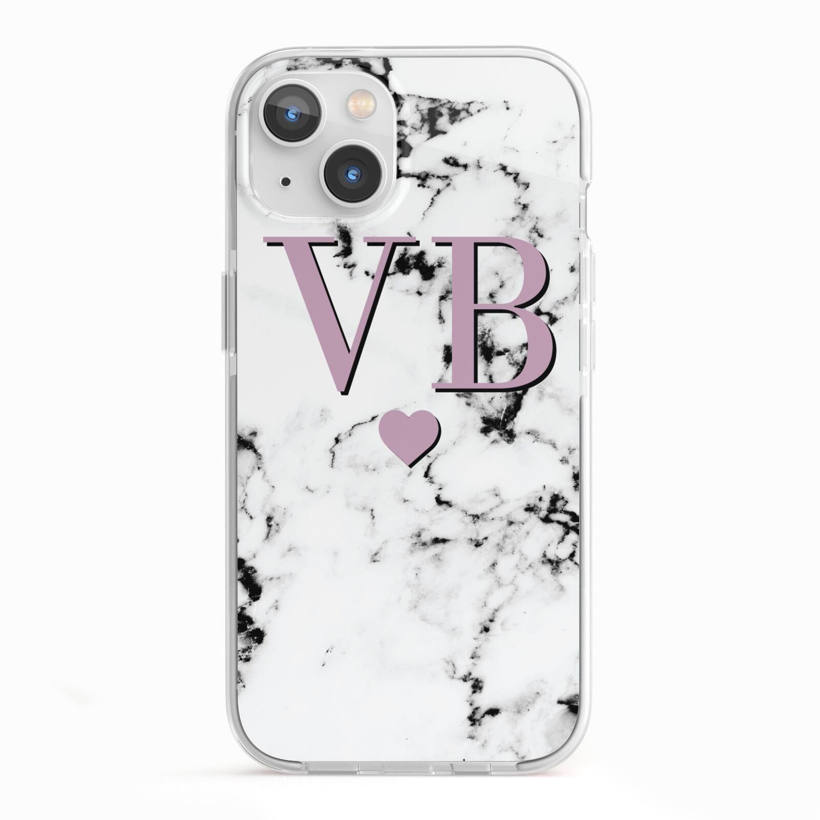 Personalised Purple Initialed Marble Heart iPhone 13 TPU Impact Case with White Edges
